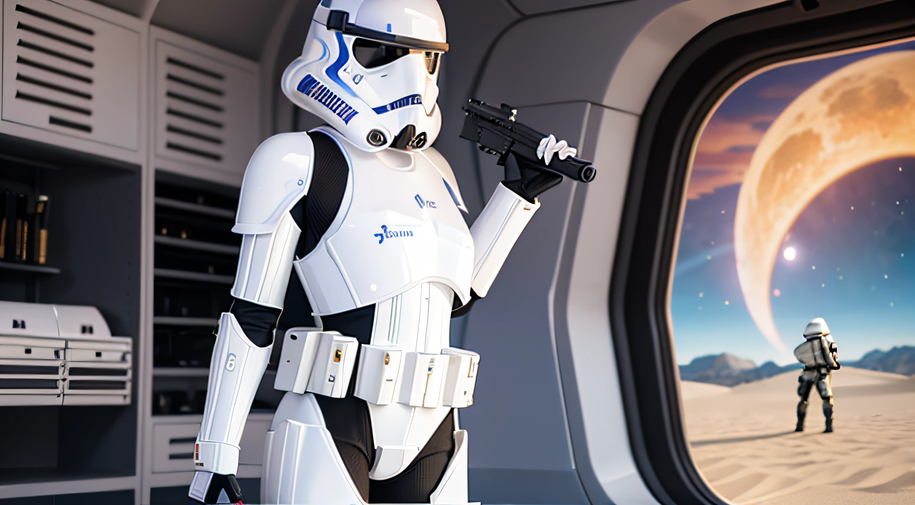 There is a woman with a gun in front of a spaceship, hyperrealistic fantasy art, Fateful eternity, Female Stormtrooper, heaven planet in background, Inspired by Jan Victors, Boy in the foreground with a shotgun, orianna, gray-orange, sand dunes (2021) --ar 16:9 - V5.1