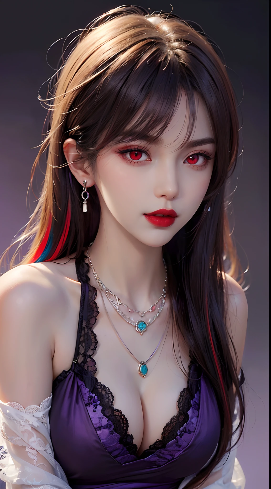 A beautiful and sexy 20 year old girl, wearing a super thin red dress, ((long hair and seven-colored bangs:1.6)), the most detailed jewelry and beautiful hair, ((wears purple lace necklace:1.6) )), Super cute small face, very pretty face, thin eyebrows, flawless beautiful face, ((black eye pupil: 0.8)), very beautiful eyes, ((red eyes pale:1.5)), beautiful makeup and detailed eyelashes, steamy eye makeup, high nose, earrings, red lips, ((closed mouth:1;5 )) beautiful lips, slim hands, most beautiful thighs, ((arms spread out to the sides: 1.5)), rosy face, clean face, flawless beautiful face, smooth white skin, (big breasts: 1.5)), ((high breasts: 1.6)), Breasts plump, beautiful cleavage, ((big and super round breasts: 1.8))), ((super tight breasts: 1.5)), beautiful breasts, back arms, beautiful girl's upper body, 8k photo, quality super high, hyper realistic, 10x super pixel, photorealistic, dark studio, light edges, two-tone bright, (high detail skin:1.2), super 8k, soft light, high quality, lighting volumetric, realistic, Photo, high resolution, light, best photo, 4k, 8k quality, blur effect, Smooth and sharp, 10 x pixels, (galaxy: 1.7), aurora, lightning, surreal graphics, most realistic graphics, alone, solo, Extremely sharp, surreal images, (((frontal portrait:1.3)))."