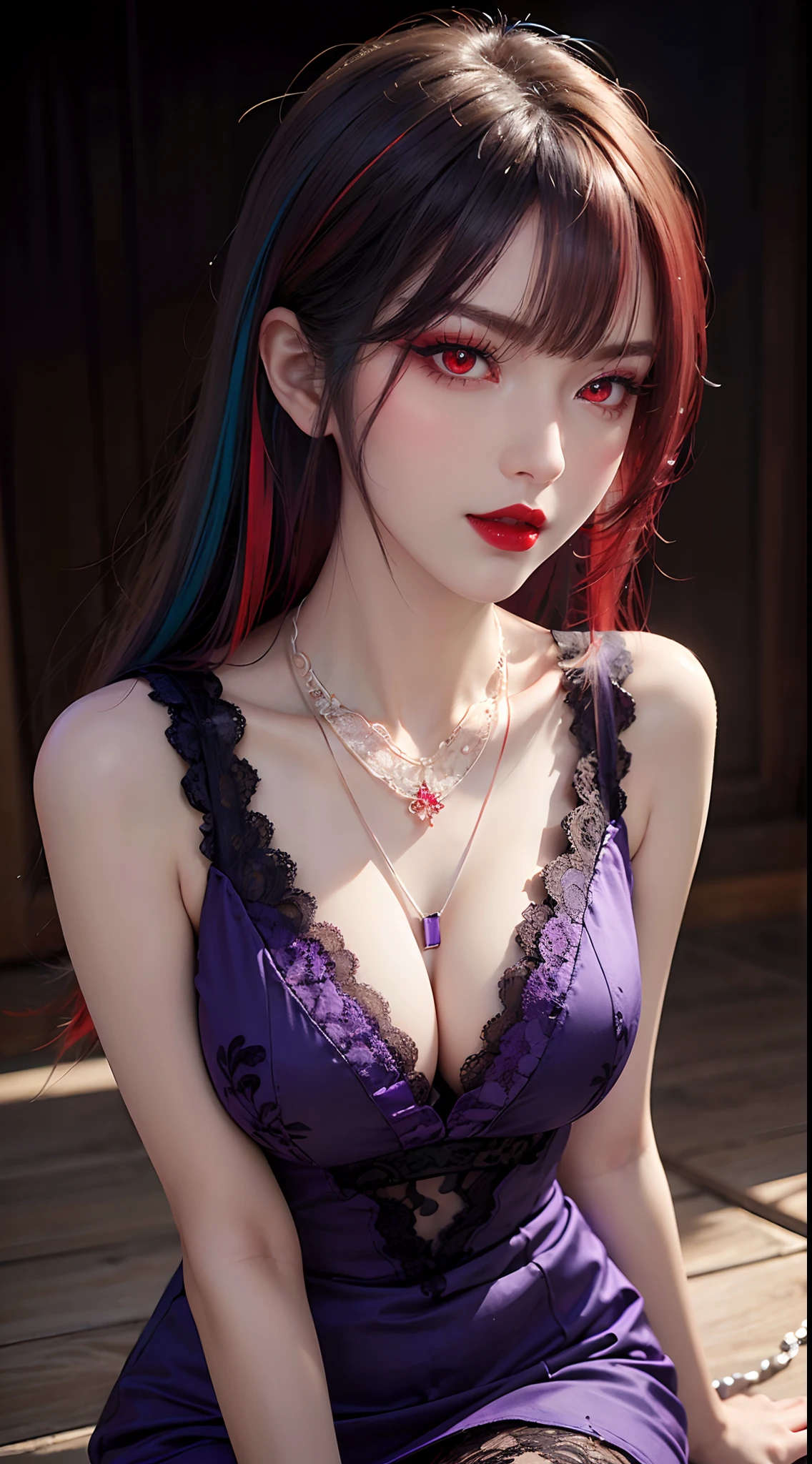 A beautiful and sexy 20 year old girl, wearing a super thin red dress, ((long hair and seven-colored bangs:1.6)), the most detailed jewelry and beautiful hair, ((wears purple lace necklace:1.6) )), Super cute small face, very pretty face, thin eyebrows, flawless beautiful face, ((black eye pupil: 0.8)), very beautiful eyes, ((red eyes pale:1.5)), beautiful makeup and detailed eyelashes, steamy eye makeup, high nose, earrings, red lips, ((closed mouth:1;5 )) beautiful lips, slim hands, most beautiful thighs, ((arms spread out to the sides: 1.5)), rosy face, clean face, flawless beautiful face, smooth white skin, (big breasts: 1.5)), ((high breasts: 1.6)), Breasts plump, beautiful cleavage, ((big and super round breasts: 1.8))), ((super tight breasts: 1.5)), beautiful breasts, back arms, beautiful girl's upper body, 8k photo, quality super high, hyper realistic, 10x super pixel, photorealistic, dark studio, light edges, two-tone bright, (high detail skin:1.2), super 8k, soft light, high quality, lighting volumetric, realistic, Photo, high resolution, light, best photo, 4k, 8k quality, blur effect, Smooth and sharp, 10 x pixels, (galaxy: 1.7), aurora, lightning, surreal graphics, most realistic graphics, alone, solo, Extremely sharp, surreal images, (((frontal portrait:1.3)))."