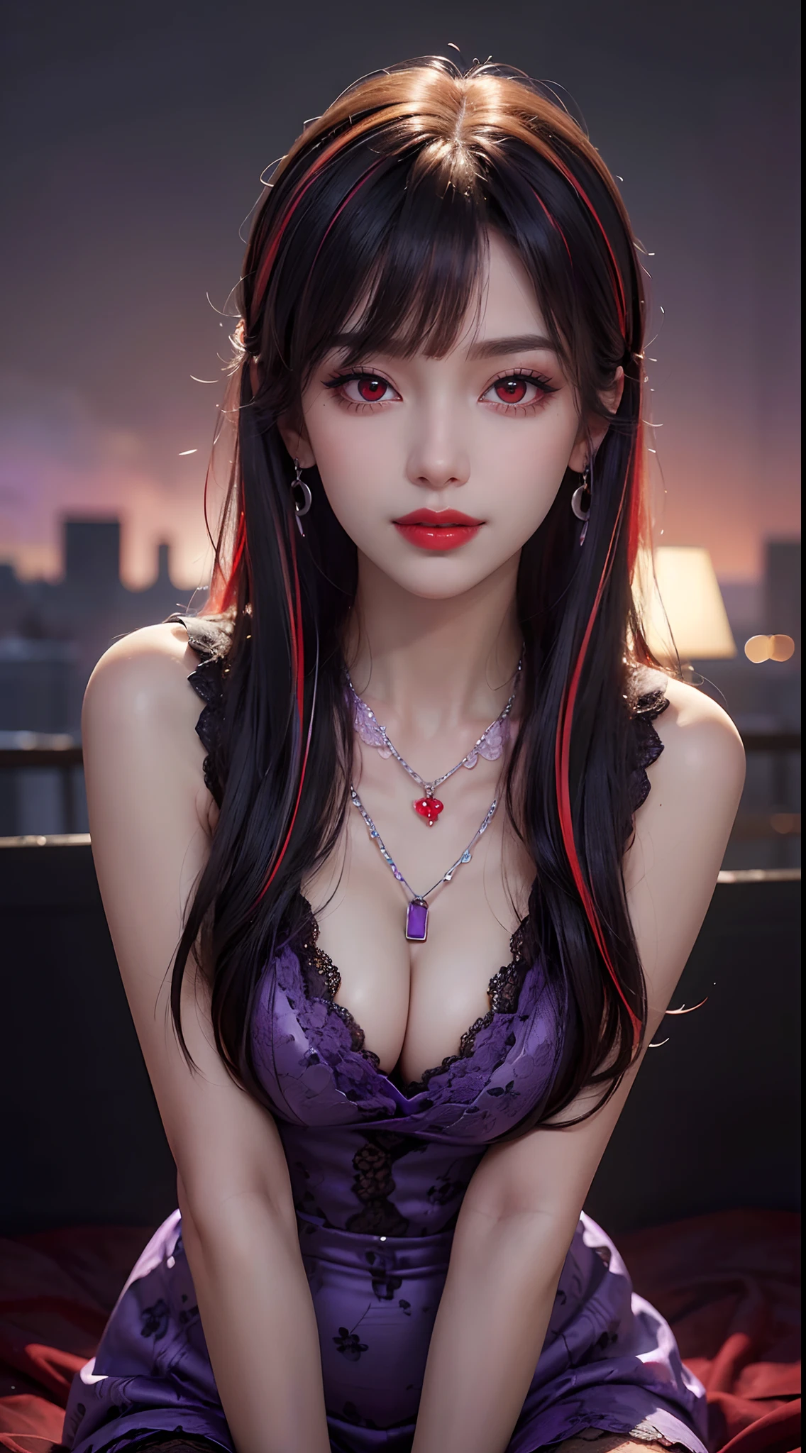 A beautiful and sexy 20 year old girl, wearing a super thin red dress, ((long hair and seven-colored bangs:1.6)), the most detailed jewelry and beautiful hair, ((wears purple lace necklace:1.6) )), Super cute small face, very pretty face, thin eyebrows, flawless beautiful face, ((black eye pupil: 0.8)), very beautiful eyes, ((red eyes pale:1.5)), beautiful makeup and detailed eyelashes, steamy eye makeup, high nose, earrings, red lips, ((closed mouth:1;5 )) beautiful lips, slim hands, most beautiful thighs, ((arms spread out to the sides: 1.5)), rosy face, clean face, flawless beautiful face, smooth white skin, (big breasts: 1.5)), ((high breasts: 1.6)), Breasts plump, beautiful cleavage, ((big and super round breasts: 1.8))), ((super tight breasts: 1.5)), beautiful breasts, back arms, beautiful girl's upper body, 8k photo, quality super high, hyper realistic, 10x super pixel, photorealistic, dark studio, light edges, two-tone bright, (high detail skin:1.2), super 8k, soft light, high quality, lighting volumetric, realistic, Photo, high resolution, light, best photo, 4k, 8k quality, blur effect, Smooth and sharp, 10 x pixels, (galaxy: 1.7), aurora, lightning, surreal graphics, most realistic graphics, alone, solo, Extremely sharp, surreal images, (((frontal portrait:1.3)))."