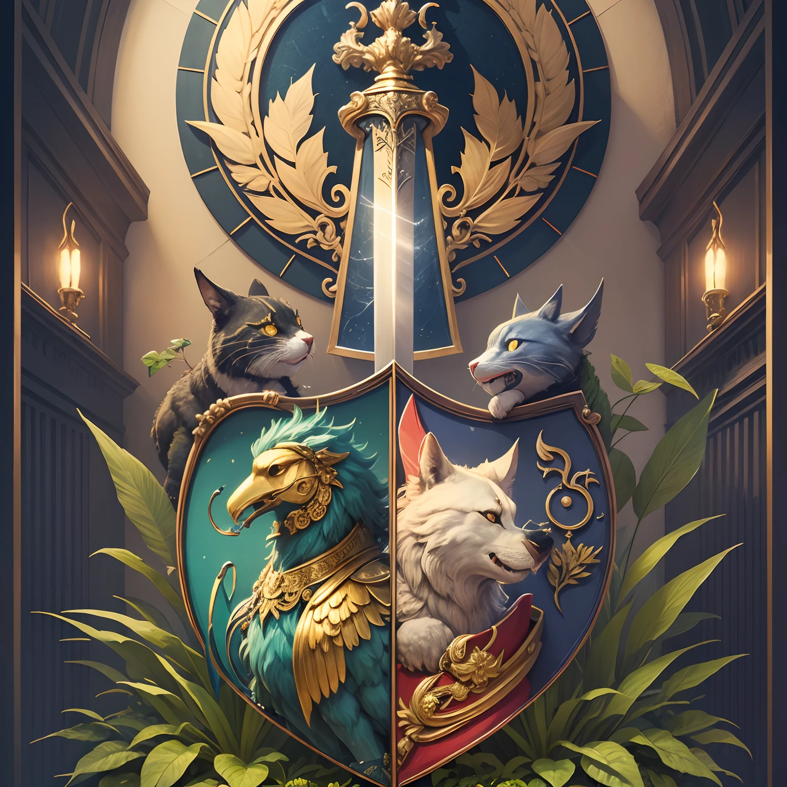 peace, sword, coat of arms, symbol, plants, golden, blue, coat of arms