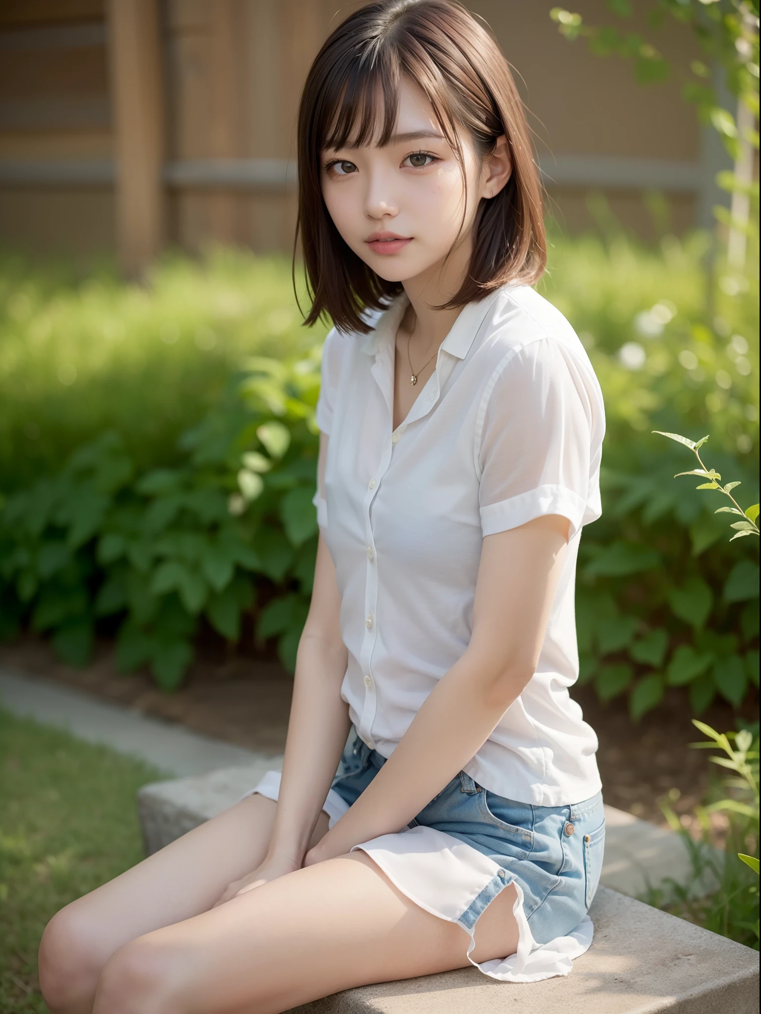 ((of the highest quality, 8K, masutepiece: 1.3, Raw photo)), Sharp Focus: 1.2, (1 AESPA Girl :1.1), Solo, (Realistic, Photorealistic: 1.37), (Face Focus: 1.1), Cute face, hyperdetailed face, (short messy hair: 1.2), Small Smile, (Small breasts, flat chest: 1.1), full nude, sitting, (taking off her chiffon UNIQLO casual shirt : 1.2), thigh, garden, flower