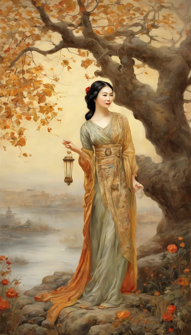 I am the tears wandering on the wheel of that year, you can still smell the rouge in the wind, if I engrave my promise on the bank of that river, the cold water of the river, the ocean full of moonlight, I have waited for you under the tree of time for a long time, and the dust has pestered me to slander me and laugh at me, you see, the paper kite chasing the sunset in the sky is like a wind lamp that looks back to say goodbye to the night, my heart is like quicksand banished by the rut, if you return again in the world, if you meet that autumn night rain and tired birds are also drenched, it is the dead yellow jun who died under the flower wall, lived in Qiantang, the eastern concubine went to Lin'an, the brown clothed red little slave house had yellow search on the waist, the compass was mistakenly cast in Quanting, the slave went to Hangchengjun, and gave birth to Yuhang,(Extremely detailed picture),(8k wallpaper),(Movie lighting),(depth of fields),(obvious light and shadow),(Master painting),(Rich color expression),realisticlying,masterpiece,Inspired by songs《Flower Fairy》,RAY