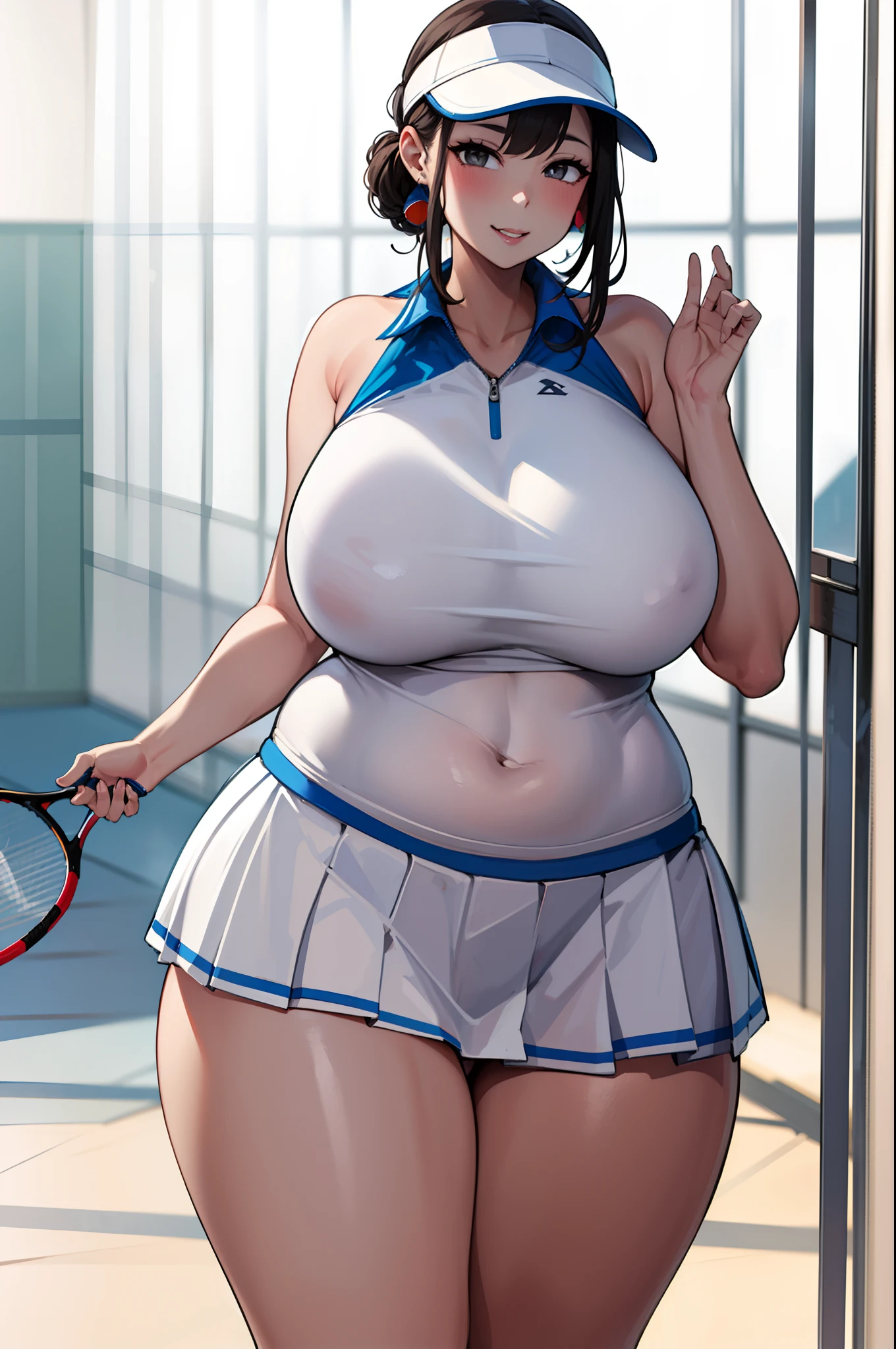 masterpiece, top-quality,, Curvaceous, 独奏 、Wide waist, s lips,、,a miniskirt、ssmile、White tennis clothes、sun visor、racket