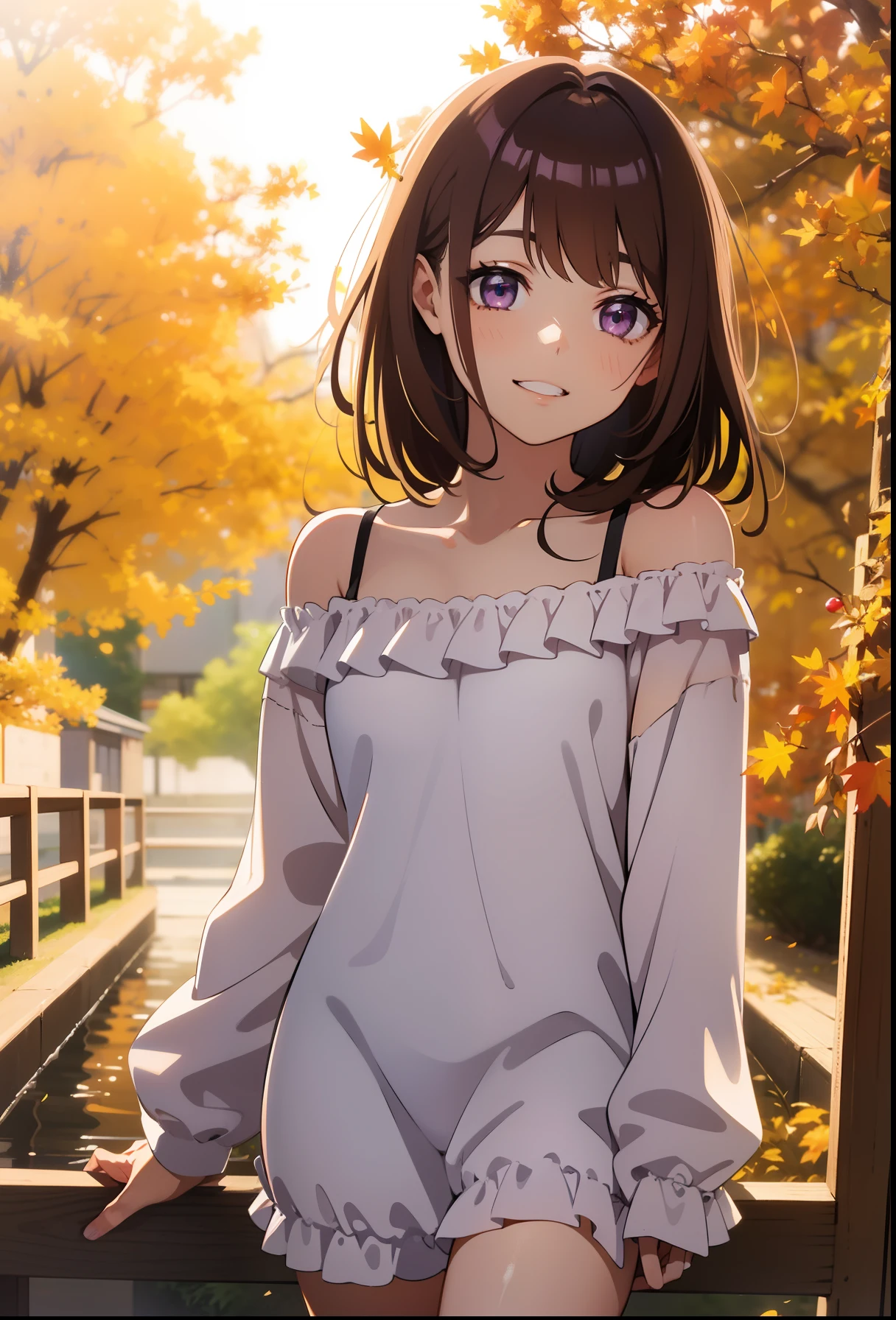 perfect anatomy,raw,8k,high resolution,super detailed skin,beautiful detailed eyes,high detailed,1girl,Solo,(Yuki_madoka),Purple eyes,Brown hair,(medium fluffy hair),slender body,beautifully skinny legs,Flat painting,(medium breasts),white shirt, frills,off shoulder,Smile,girlfriend,beautiful background with arashiyama,Excursion,autumn,Looking at Viewer,front_viewer,faint lips,morning,backlight,autumn leaves,in kyoto city,pov_male,from_below