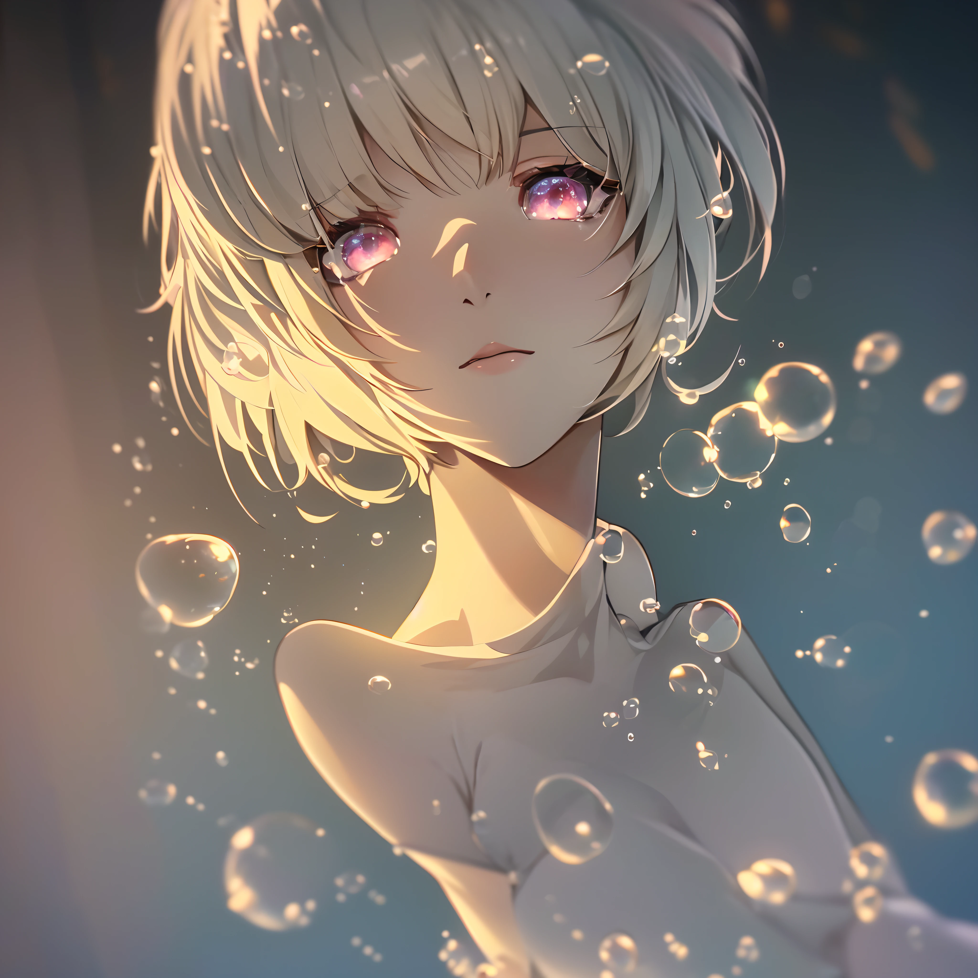 (((ayanami rei))),((((BREAK,Design an image with a fisheye lens effect, capturing a wide field of view with a distinctive, curved perspective.BREAK,)))1girl,solo,(masterpiece,best quality, official art,aim to viewers, beautiful and aesthetic:1.3),((ultra high res,golden ratio,)) (4k),((from above,at night,under the water)),((((bubbles,))))dynamic lighting, cinematic lighting,(fantasy,dreamy,photon mapping, radiosity, physically-based rendering,automatic white balance), technological sense,Amazing,sharp focus,rich background, (((high detailed skin,)))dynamic lighting,intricate detailed outfit,glowing eyes,watery eyes,((short hair,))deadpan,skiny,slender,white plugsuit,headgear,(masterpiece sidelighting),(bishoujo,lustrous),(sky blue hair,pink eyes,）[[delicate fingers and hands:0.55]::0.85],(detail fingers),(((Ultra Photographic Quality,ultra wide angles)))),((incredibly absurdres)),half body shot,((extremely_detailed_eyes_and_face)),(disheveled hair),FilmGirl,(dynamic configuration: 1.2),Brilliant,drifting Nebula,ethereal, glossy ,striking contrast,