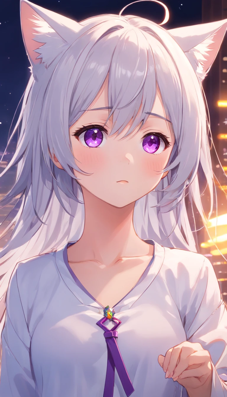 white long sleeve shirt、full bodyesbian、Purple eyes that sparkle with gemstones，[e lit1.5]、Cat ears，Touch、[A shy look:1.5]，Open white shirt，A cute loli，Look up at your head，Beautiful eyes，Open All、Cute faces in anime，long Grey hair,[Spoiled children],Ahog was fascinated,Beautiful eyes、8K images