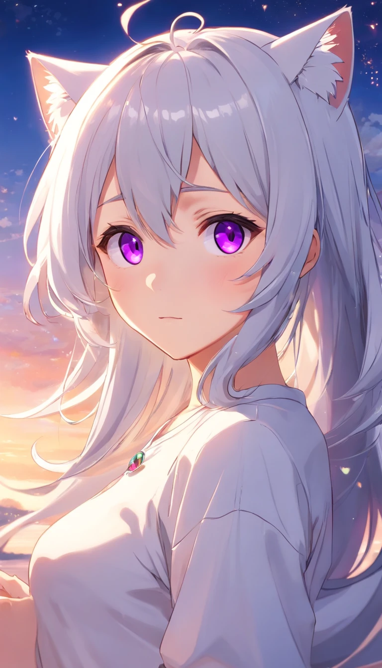 white long sleeve shirt、full bodyesbian、Purple eyes that sparkle with gemstones，[e lit1.5]、Cat ears，Touch、[A shy look:1.5]，Open white shirt，A cute loli，Look up at your head，Beautiful eyes，Open All、Cute faces in anime，long Grey hair,[Spoiled children],Ahog was fascinated,Beautiful eyes、8K images