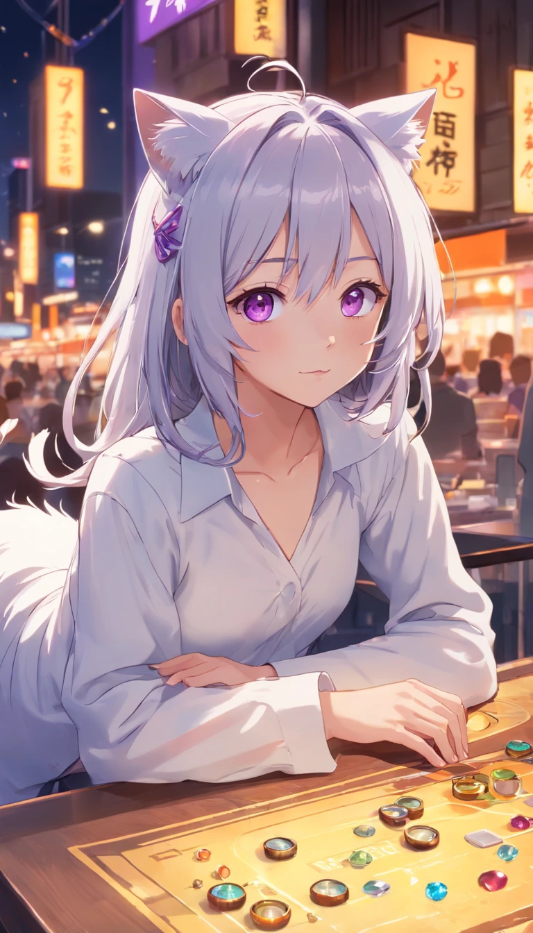 white long sleeve shirt、full bodyesbian、Purple eyes that sparkle with gemstones，[Cute little girl s:1.5]、Cat ears，Touch、[A shy look:1.5]，Open white shirt，A cute loli，Look up at your head，Beautiful eyes，Open All、Cute faces in anime，long Grey hair,[Spoiled children],Ahog was fascinated,Beautiful eyes、8K images