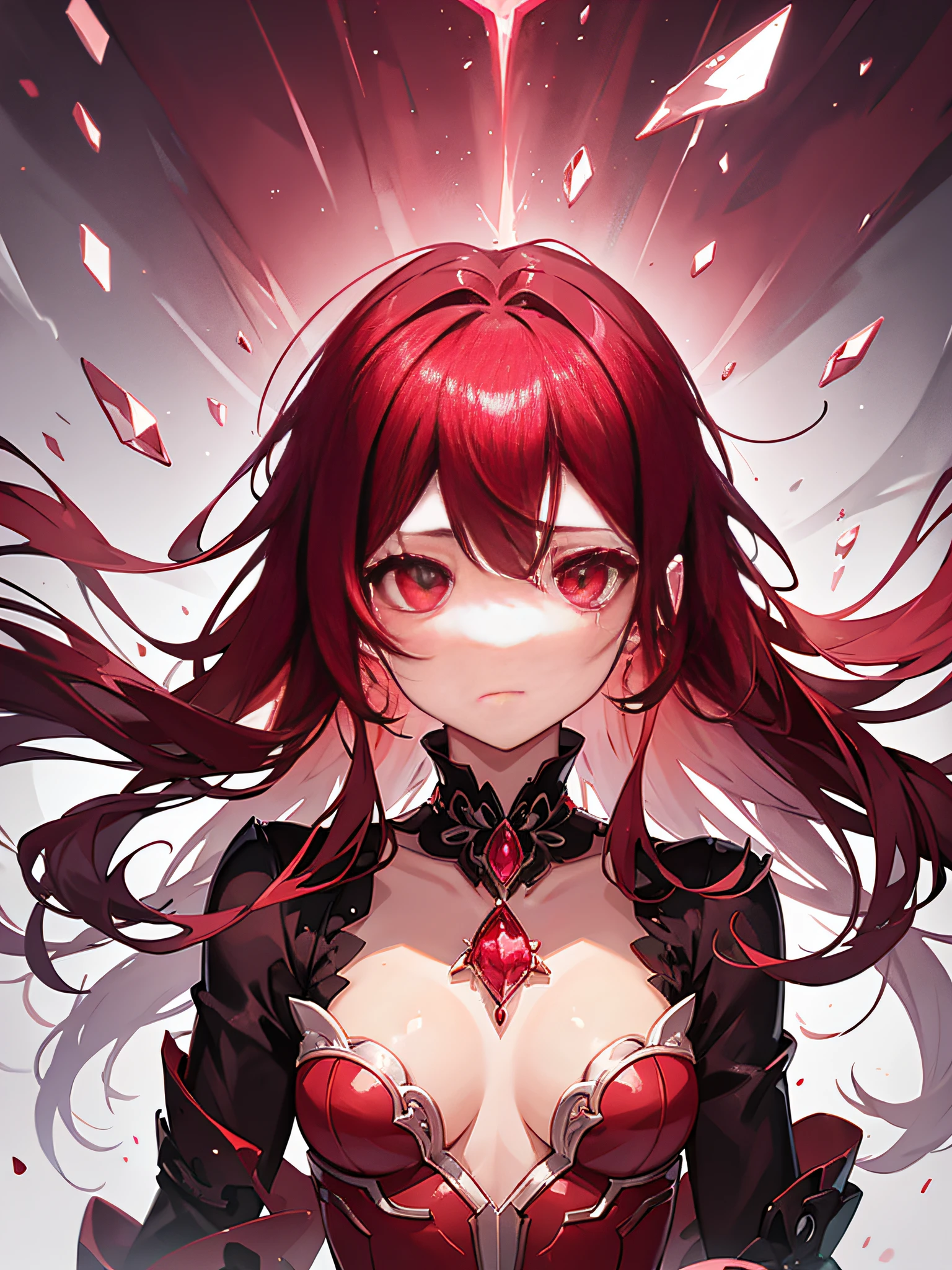 A broken ruby girl composed of the gemstone ruby. Tears flowing from her eyes