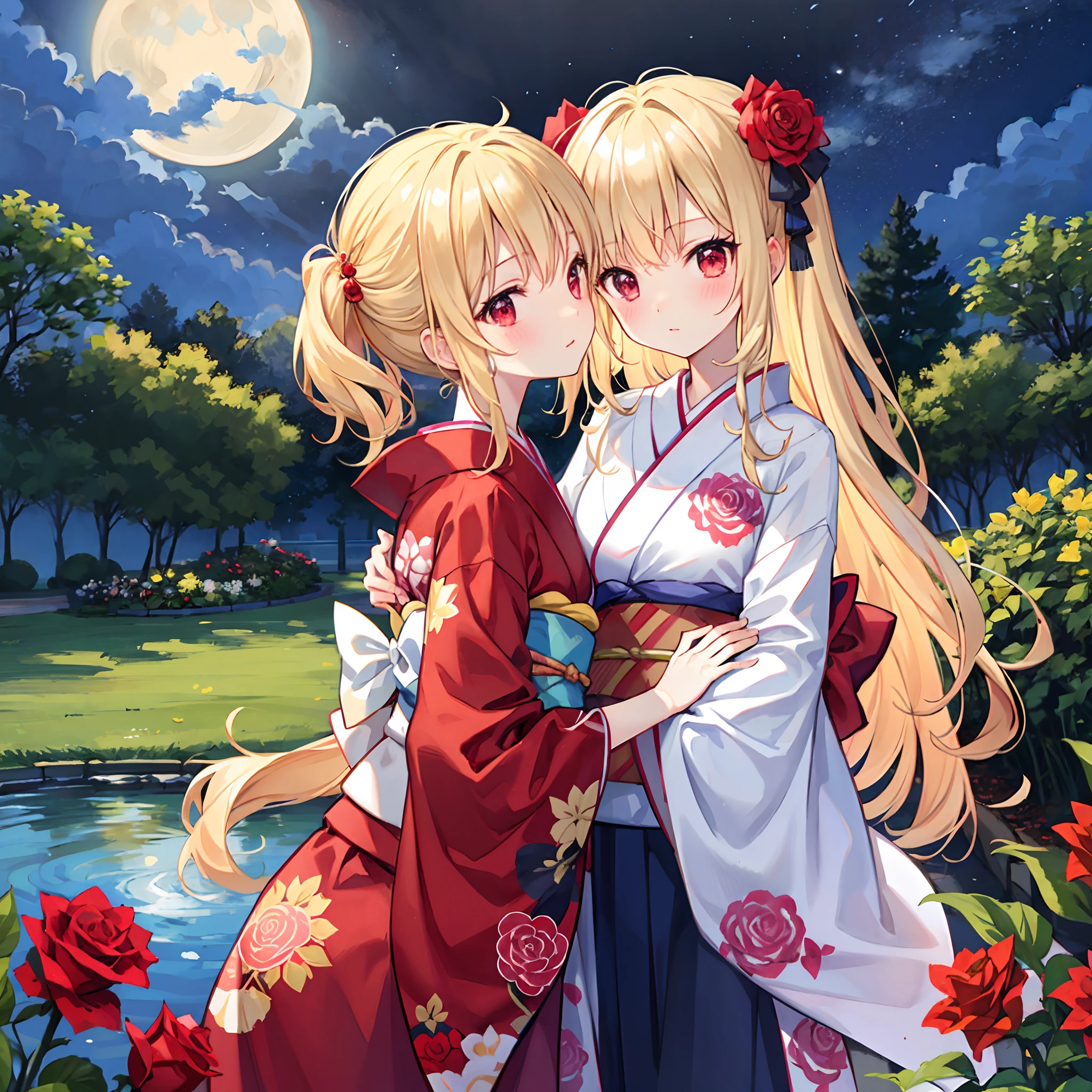 Wavy blonde、butterflys々、red eyes、Beautiful girl alone、Kimono、a moon、natta、rose garden、red blush