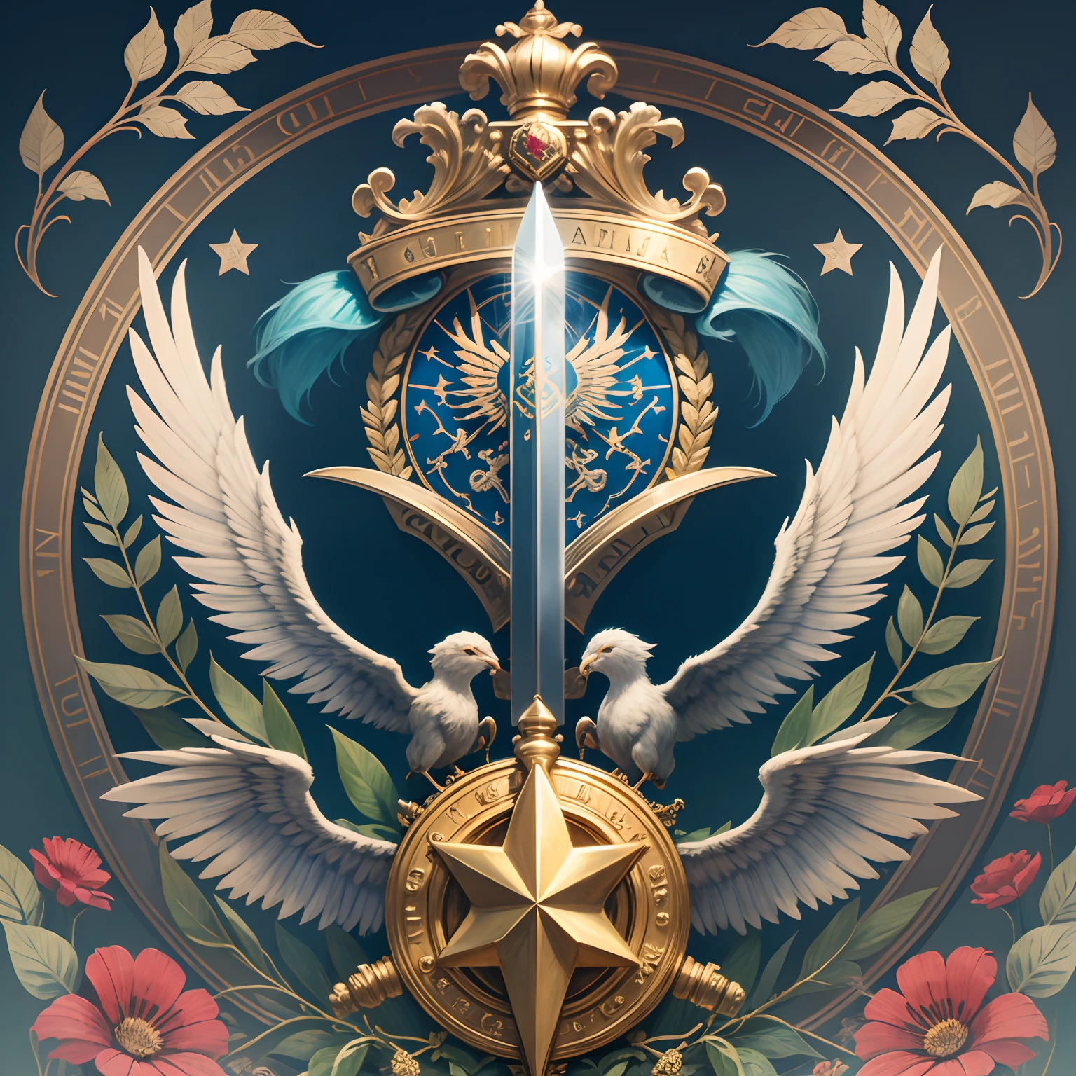 peace, sword, coat of arms, symbol, plants, golden, blue, coat of arms