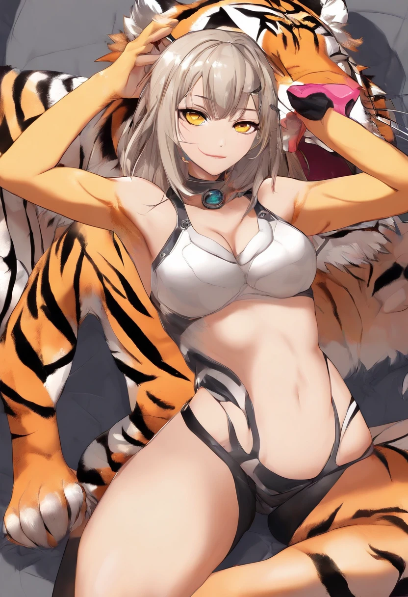 Official art, masutepiece, Sharp Focus,(masutepiece, side lights, Beautiful Eyes of Details: 1.2), 3D Face, Realistic, Perfect face, Absolute resolution, High resolution, Texture, (masutepiece: 1.5), (Best Quality), 8K, (Beautiful Face and Eyes in High Resolution), (girl with), (tiger Girl, Furry girl, Kemono girl, Bad girl: 1.5), (yellow Skin, tiger skin, tiger body, Furry bodyhair, mofumofu, tiger bodyhair, tiger breasts, Colored skin, Kemono nude: 1.5), (tiger arms, tiger hands, tiger legs, tiger feet:1.5), (Attacking:1.5), Spiky ears, (Oily skin, slender, Long breasts, Gooey breasts, Huge breasts:1.5), Full body, Evil smile, Open mouth, (Thick eyebrows: 1.3), thin hip, Bare legged,(black sclera eyes:1.3), on bed, (tiger girl, tiger Skin:1.5), (corruption, turn evil, spread legs:1.5), Detailed legs, Detailed sole, Many lotions ,(spread legs:1.5)