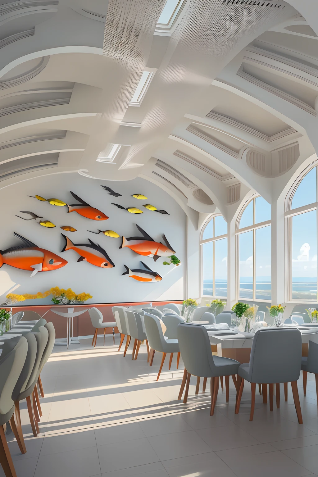 dining room，There is a wall in the middle of the restaurant,The painting on the wall is in the middle, Paintings on the walls, skyscape, Large airy windows, Zaha Hadid and Santiago Calatrava landscape panoramic style, Fish, Clear light, Edge lighting, Perfect image, Building summary style, 16k UE5. superfine, 8K, hdr, Product photography, Depth of field, Nikon D850, Ultra-realistic, no contrast, clean sharp focus, professional, No blurring