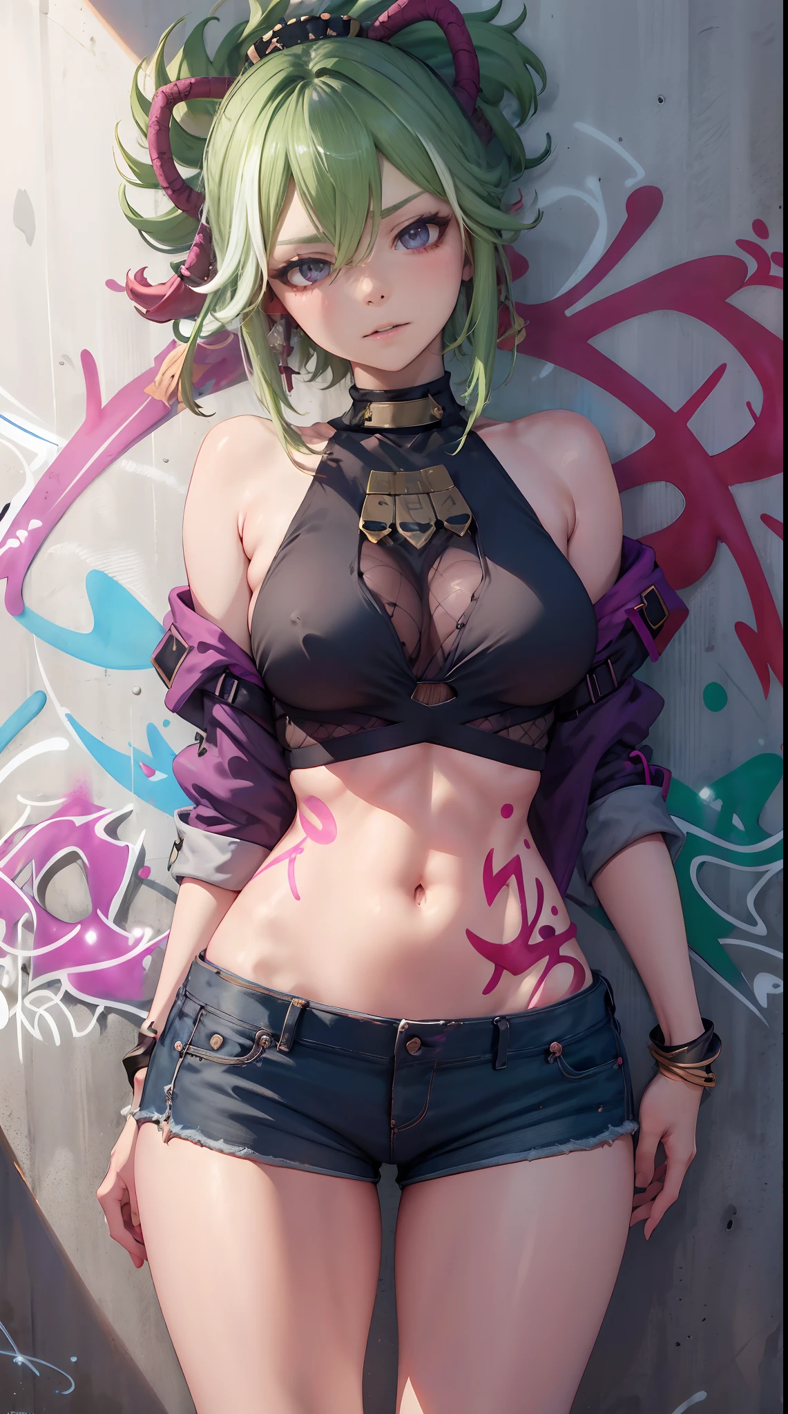 Kuki Shinobu Genshin Effect, masterpiece, bestquality, 1girls, mediuml breasts, bara, crop top, shorts jeans, choker, (Graffiti:1.5), color splashes, arm behind back, against wall, looking at the audience, bracelet, Thigh strap, Paint on the body...................................., Head tilt, bored, multicolored hair, water eyes, headset,