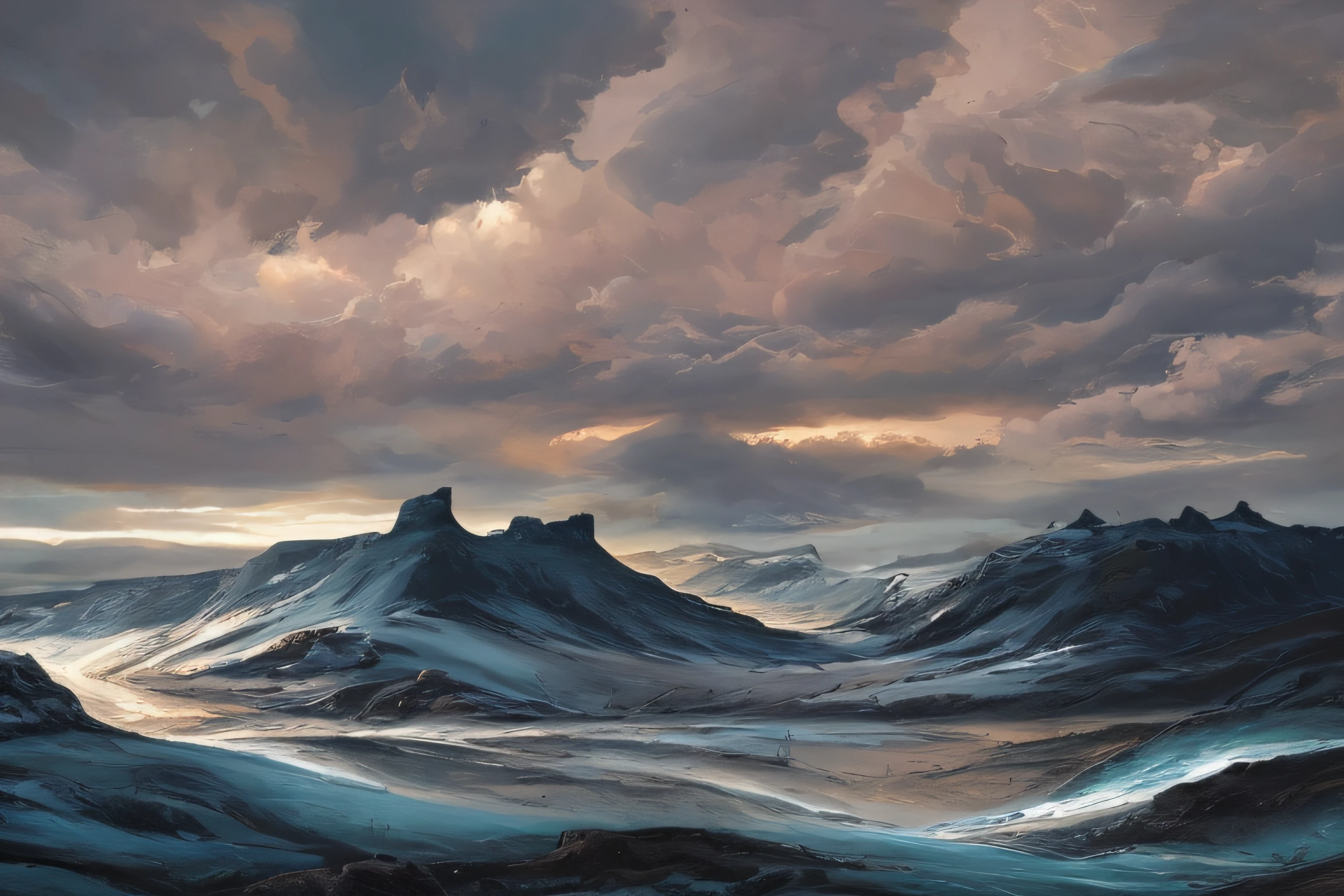 samdoesarts style. physical palette knife painting, thick Oil paint, stunning landscape, vast scale, soft colors, muted contrast, extremely detailed and intricate, iceland, God rays, sharp focus