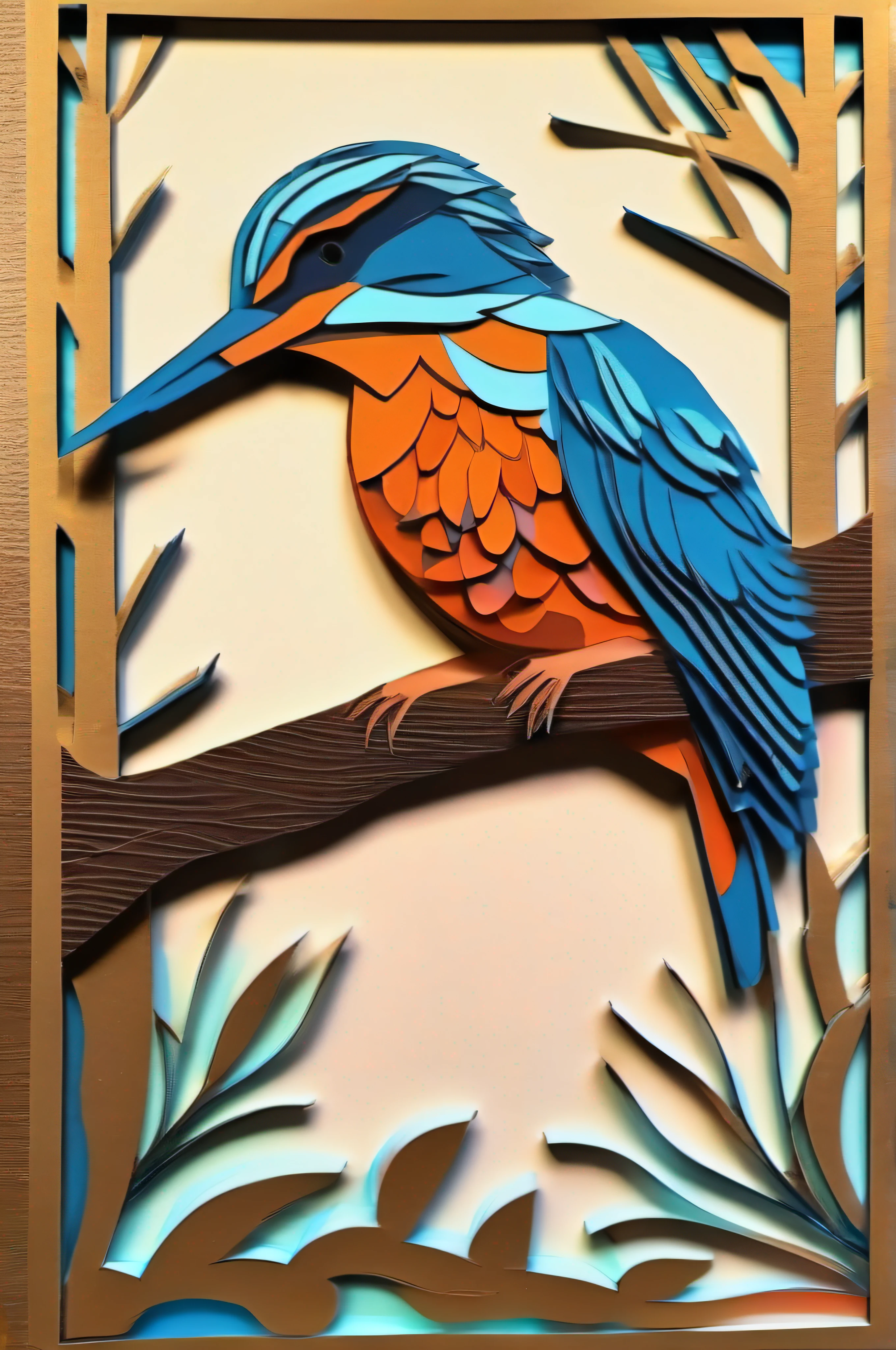 woodenart, a bird is sitting on a branch in a wooden frame<lora:woodenart:1>