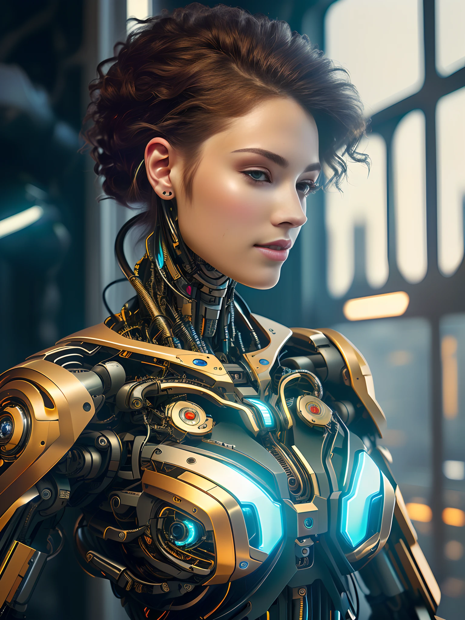 (1girl), (human face, human skin:1.3), Highly Detailed Beautiful girl, (extremely detailed beautiful face), Amazing face and eyes, (Highest Quality: 1.4), (Super Detailed), (Very Delicate and Beautiful), golden body, Biomechanical Cyborg, Beautiful Natural Shapes, Arteries, Veins , lace, colorful details, diamond earrings, very delicate embroidery, intricate details, surreal, Super detailed, cyborg girl, realistic, (Special skin that allows the inside of the body to be seen through, translucent skin, Precise golden body, hollow body interior, half-human translucent human body, skin made of extremely complex layers of metal fibers, extremely complex body made up of countless IC chips structure: 1.6), iridescent, futuristic, super complex, super beautiful, highly detailed CG unified 8K wallpaper, high resolution raw color photo, professional photo, flesh and blood, (cyber punk, Spiral structure, future urban cyberspace, iridescent illumination, dazzling light:1.35), sf, A scene from an impossible movie