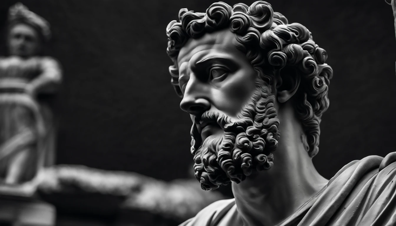 a portrait statue of the stoic Marcus Aurelius in black and white 4K,Face de lado, papel de parede super realista, Corpo, forte, barriga forte, musculoso