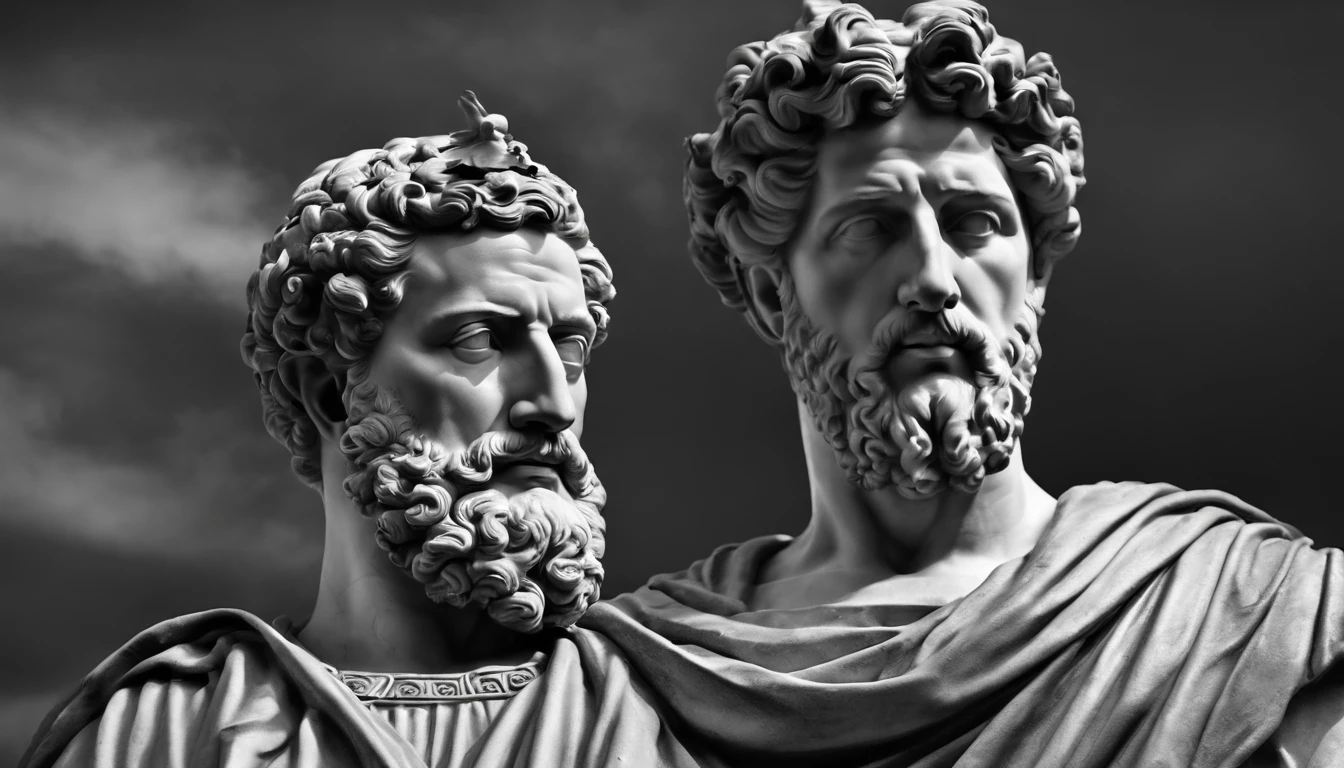 a portrait statue of the stoic Marcus Aurelius in black and white 4K,Face de lado, papel de parede super realista, Corpo, forte, barriga forte, musculoso