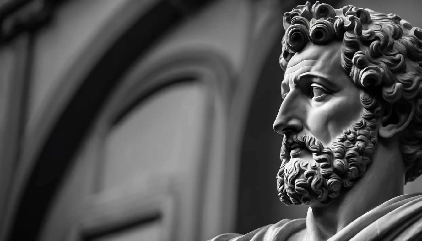 a portrait statue of the stoic Marcus Aurelius in black and white 4K,Face de lado, papel de parede super realista, Homem forte sem camisa