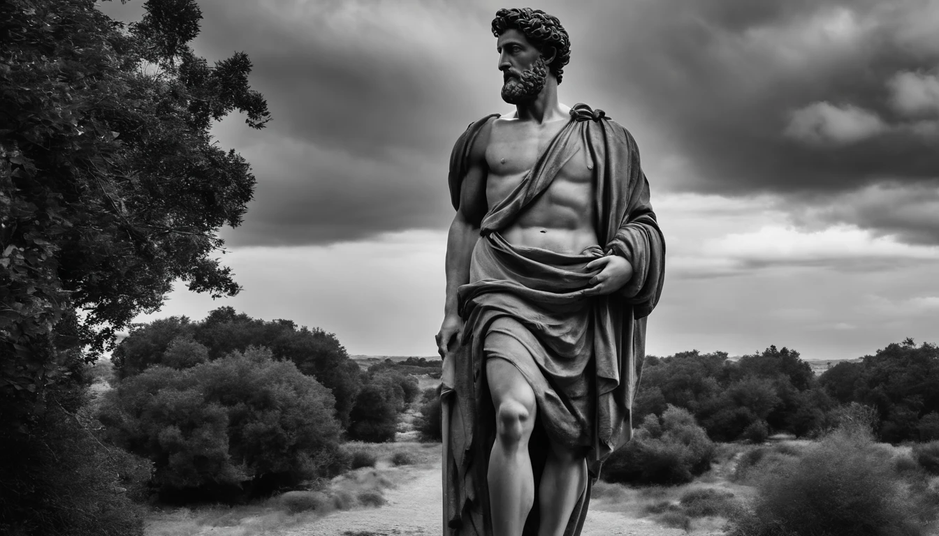 a portrait statue of the stoic Marcus Aurelius in black and white 4K,Face de lado, papel de parede super realista, Homem forte sem camisa