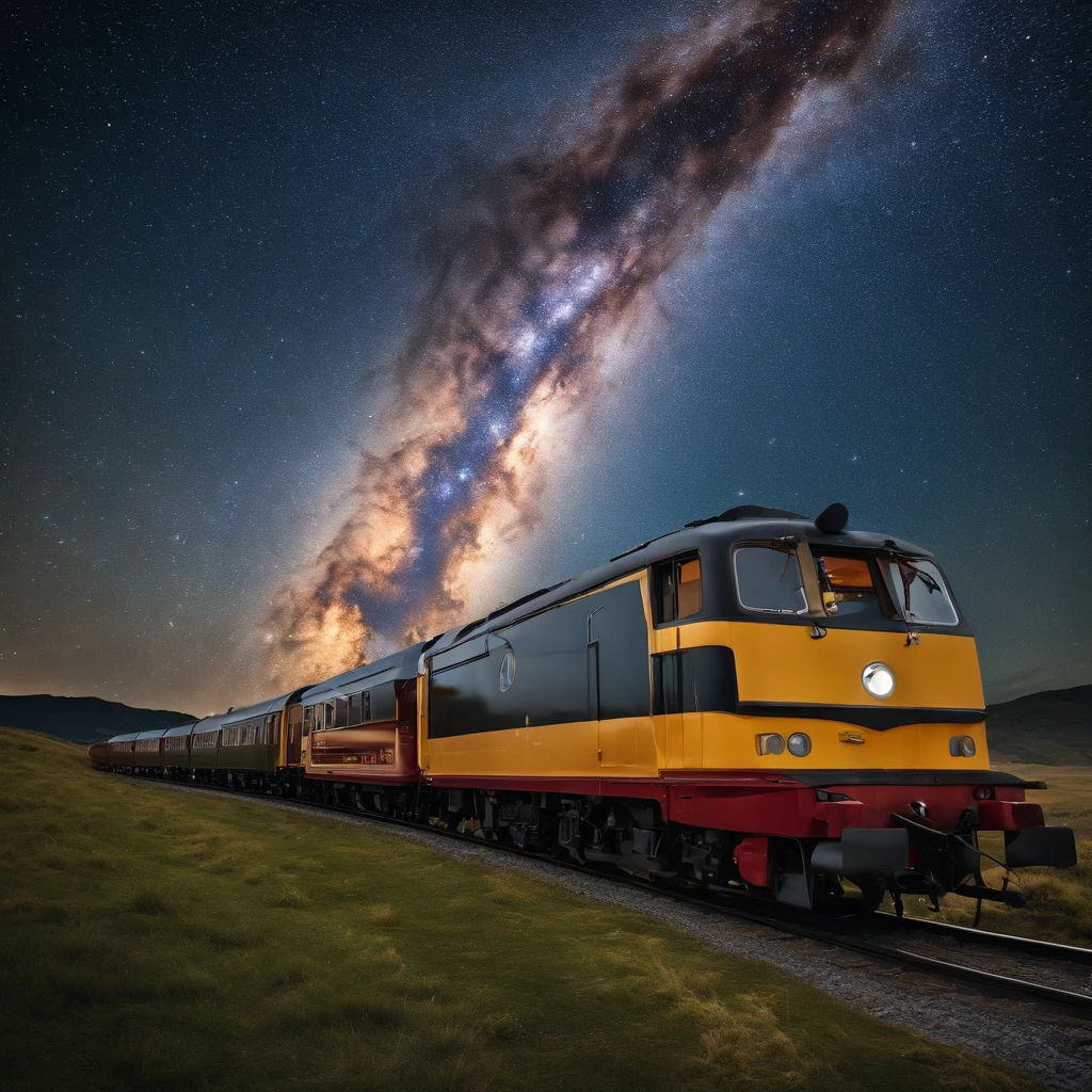 Master Parts、Superior Quality、superior image quality、The 8k quality、Beautiful pictures of the starry sky、magnifica、Arched Milky Way:1.9、steam train