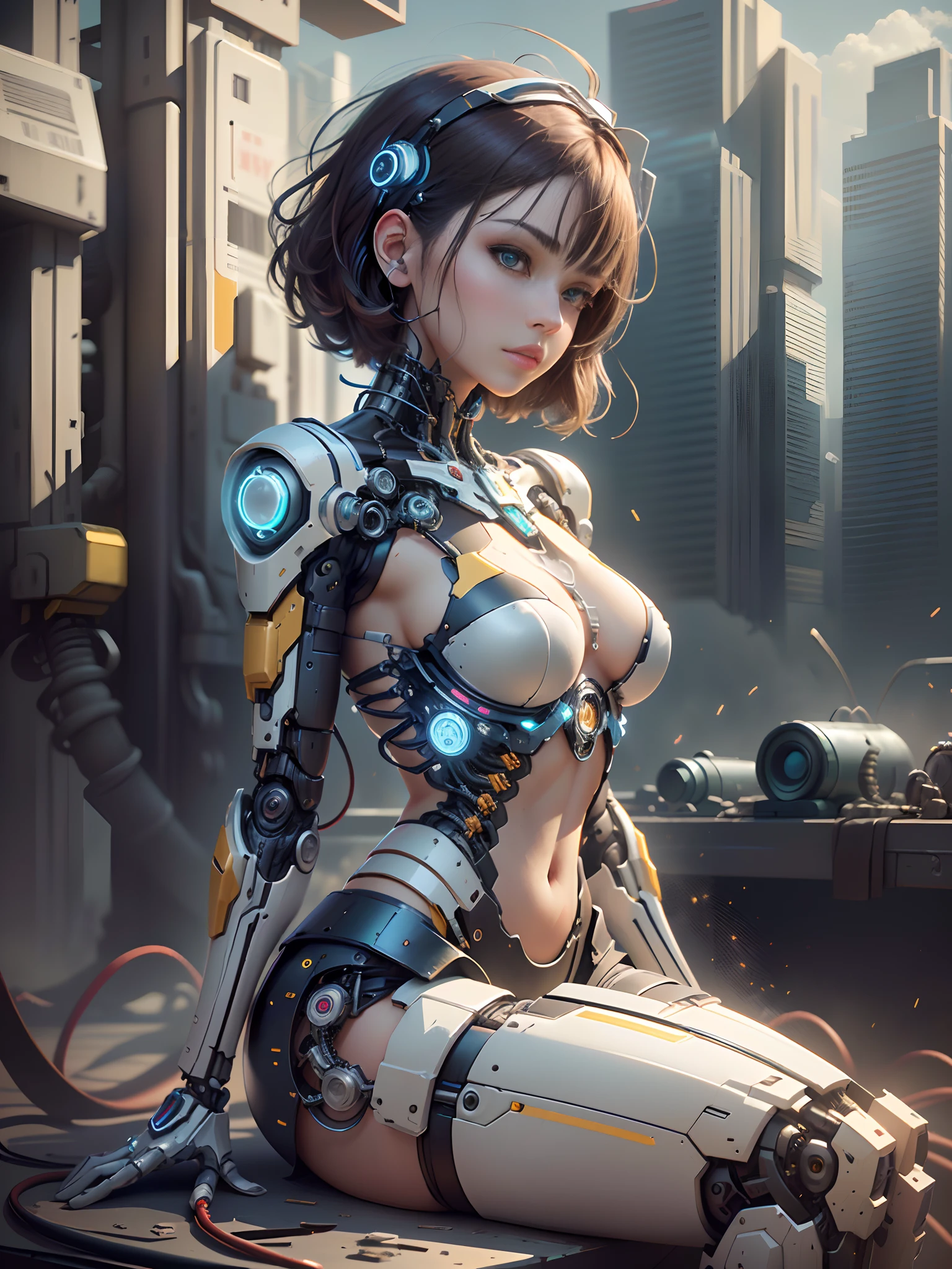 (best quality,4k,8k,highres,masterpiece:1.2), ultra-detailed, (realistic,photorealistic,photo-realistic:1.37), large futuristic charging station, woman charging, short hair, cute semi-mechanical girl leaning against a wall, robotic arm, wires, connectors, beautiful half-mechanical girl, cyborg girl, cyberpunk anime girl with mech suit, perfect anime half-mechanical woman, beautiful Caucasian girl with half-mechanical enhancements, (half-mechanical girl), vibrant colors, studio lighting.