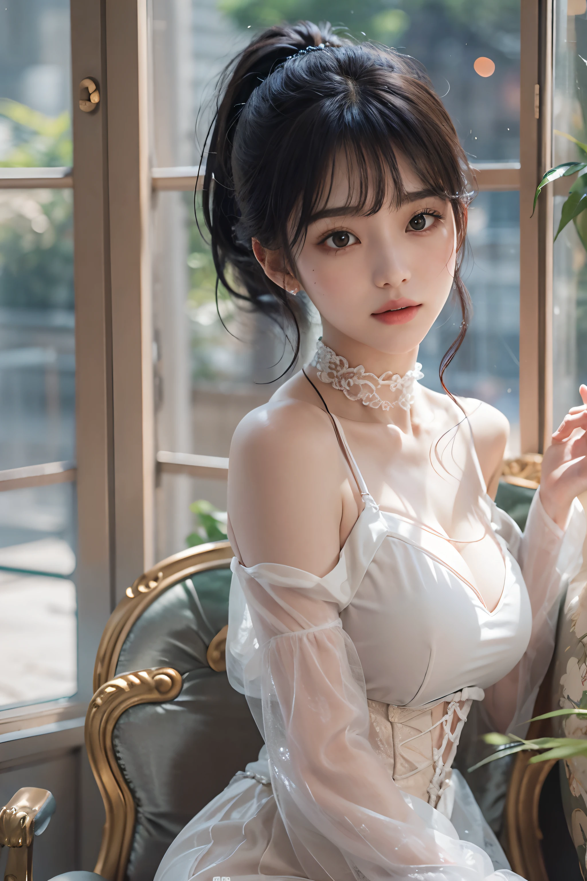 (Photoreal Stick:1.2)、in 8K、(One Woman)、in her 20s、(High quality shadows)、(A charming expression)、Detail Beautiful delicate face、Detail Beautiful delicate eyes、((Bangs))、((Black hair ponytail))、Pretty Kpop Girl、(Korean Urzan Face)、(ulzzang -6500-v1.1:0.6)、pureerosface_v1、(looking at view)、gloweyes、perfectbody、bright red blush、Natural color reproduction、((strong lights))、(a choker)、((Brown eyes))、((A dark-haired))、(poneyTail)、((Beautiful Finger))、 Shiny hair、Description beautiful delicate hair、(Lustrous skin)、(Black see-through dress)、(heavy bangs)、(corsets)、(long skirt)、(early evening)、(huge window)、(drapes)、(Background blur)、(Sit on a large sofa)、((Knee shot))、(Relaxing Pose:1.5)、Cinematic perspective、