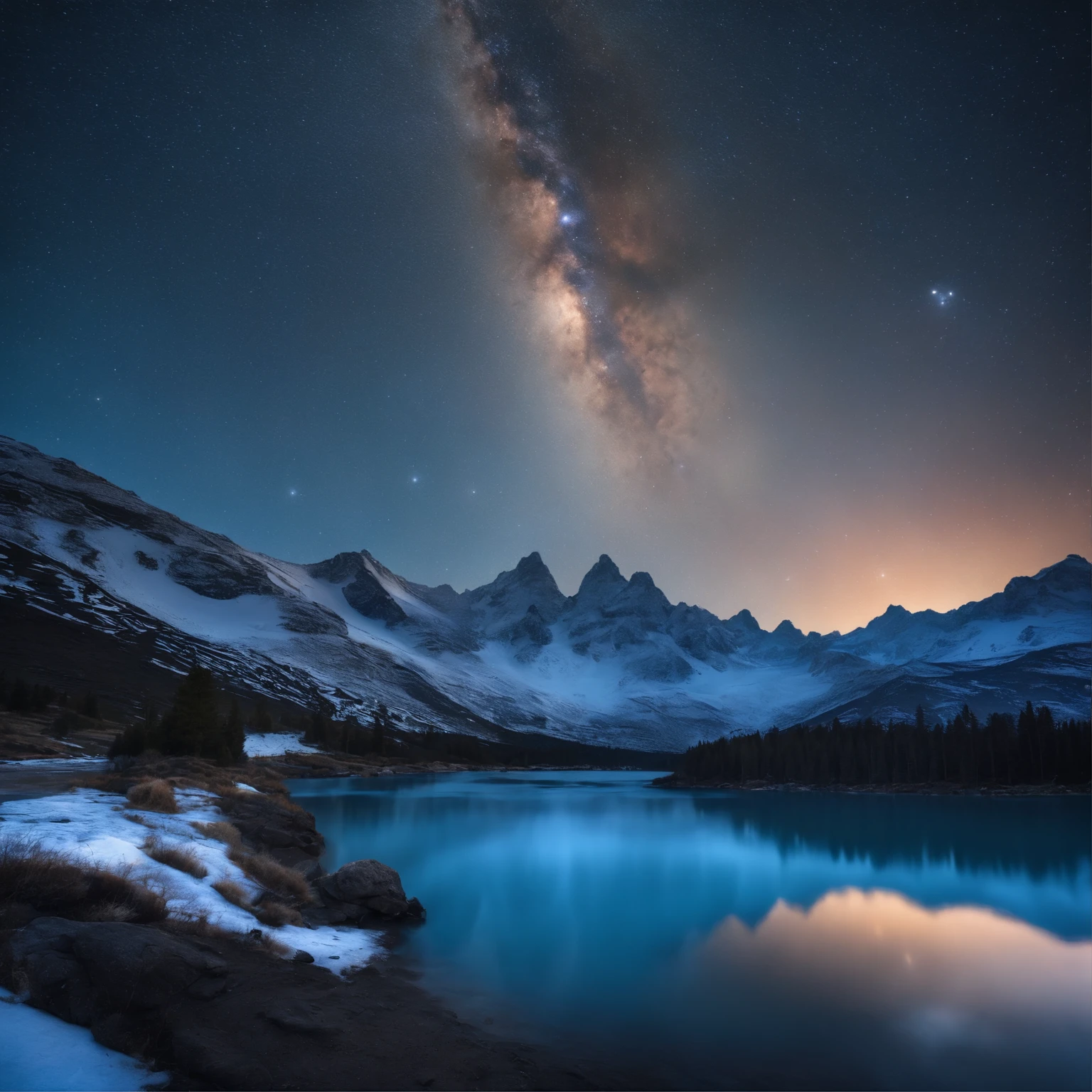Master Parts、Superior Quality、superior image quality、The 8k quality、Beautiful pictures of the starry sky、magnifica、Arched Milky Way:1.9、snow mountains、Blue glowing river