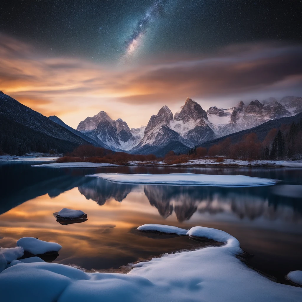 Master Parts、Superior Quality、superior image quality、The 8k quality、Beautiful pictures of the starry sky、magnifica、Arched Milky Way:1.9、snow mountains、Blue river