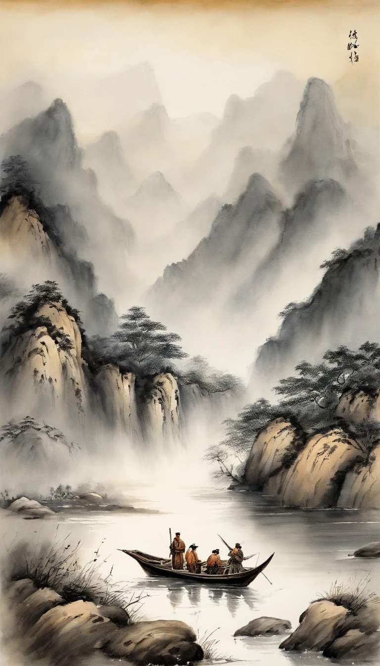 Chinese landscape painting,ink and watercolor painting,water ink,ink,Smudge,Faraway view,Ultra-wide viewing angle,Meticulous,Light boat in the distance,Faraway view,Meticulous,Smudge,low-saturation,Low contrast,The light boat has crossed the Ten Thousand Heavy Mountains,Beautifully depicted,A detailed,acurate,Works of masters,tmasterpiece