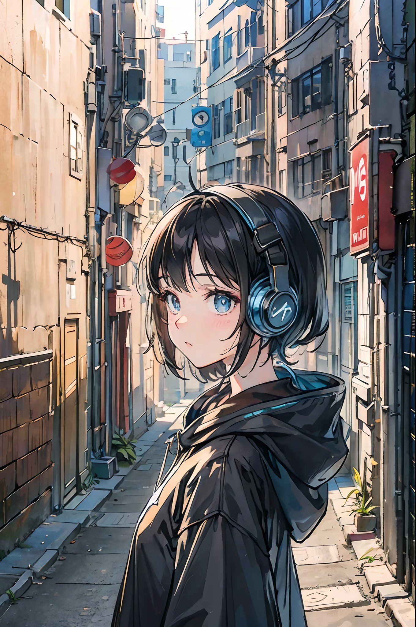 Put the headphones on your head、Back alley、Hooded Girl、The headphones are black