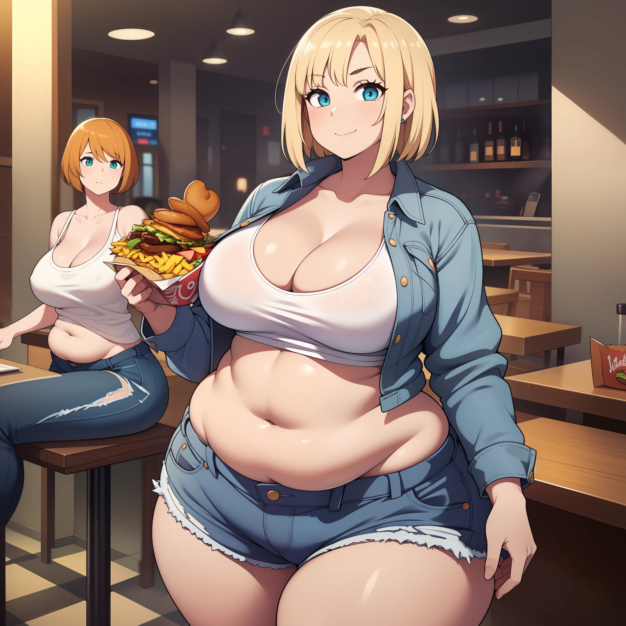 ((highres)), Masterpiece, high quality, best quality, beautiful, perfect lighting, detailed face, ultra cute face, ((2girls)), one girl has blonde hair, blue eyes, crop top and shorts skindentation, one girl has brown hair, green eyes, jeans, white shirt, thighs clothes, full body, fast food restaurant, medium breasts, perky breasts, cleavage, ((wide hips)), ((thick thighs)), (), ((chubby)), pudgy belly, fat folds, standing, (belly grab)