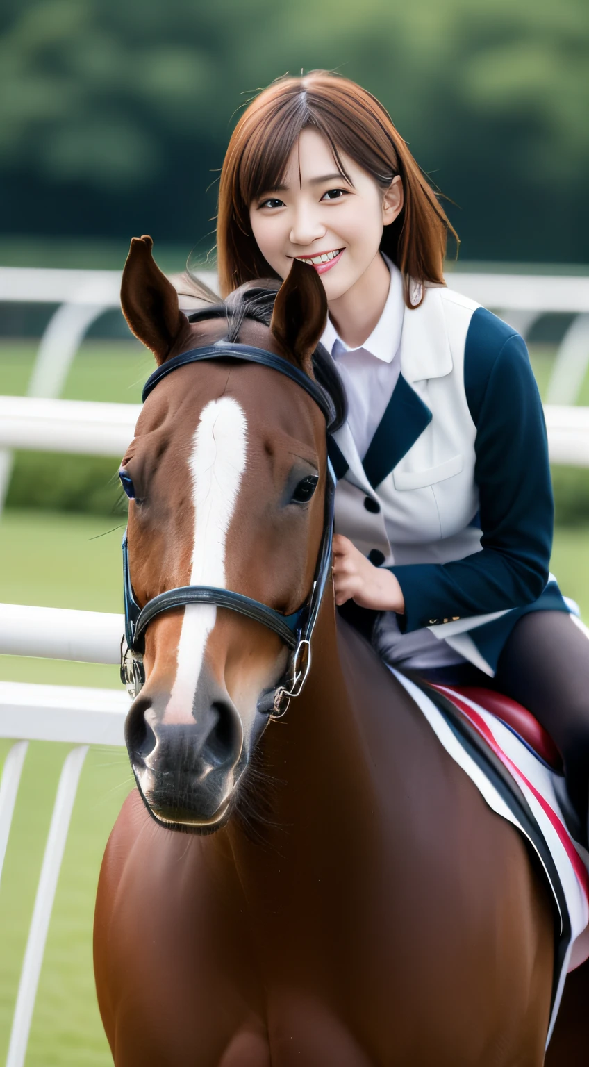 ((horse racing))、ride horse、(masterpiece、top-quality) 、kawaii、(Colossal tits:1.2)、((20 year old woman:1.2))、Young adorable Japan face, ,Soft portrait shots,in 8K,、Young cute gravure idol