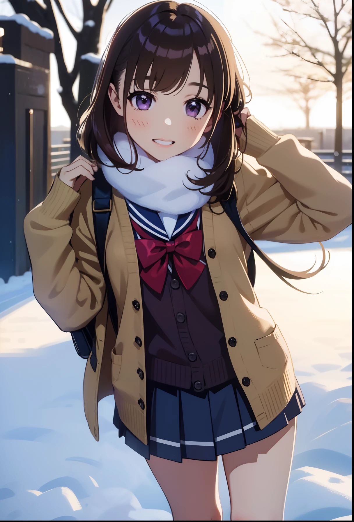 perfect anatomy,raw,8k,high resolution,super detailed skin,beautiful detailed eyes,high detailed,d850,nikkor 58mm / f1.4g,1girl is high school student,Solo,(Yuki_madoka),Purple eyes,Brown hair,(medium fluffy hair),slender body,beautifully skinny legs,Flat painting,(medium breasts),sailor uniform,(cardigan),skirt,winter earmuffs,(white breath),Smile,walking,girlfriend,beautiful background,Excursion,December,winter,snow,it's snowing,Looking at Viewer,side_viewer,faint lips,morning,backlight,going to school,pov_male,(from_below)