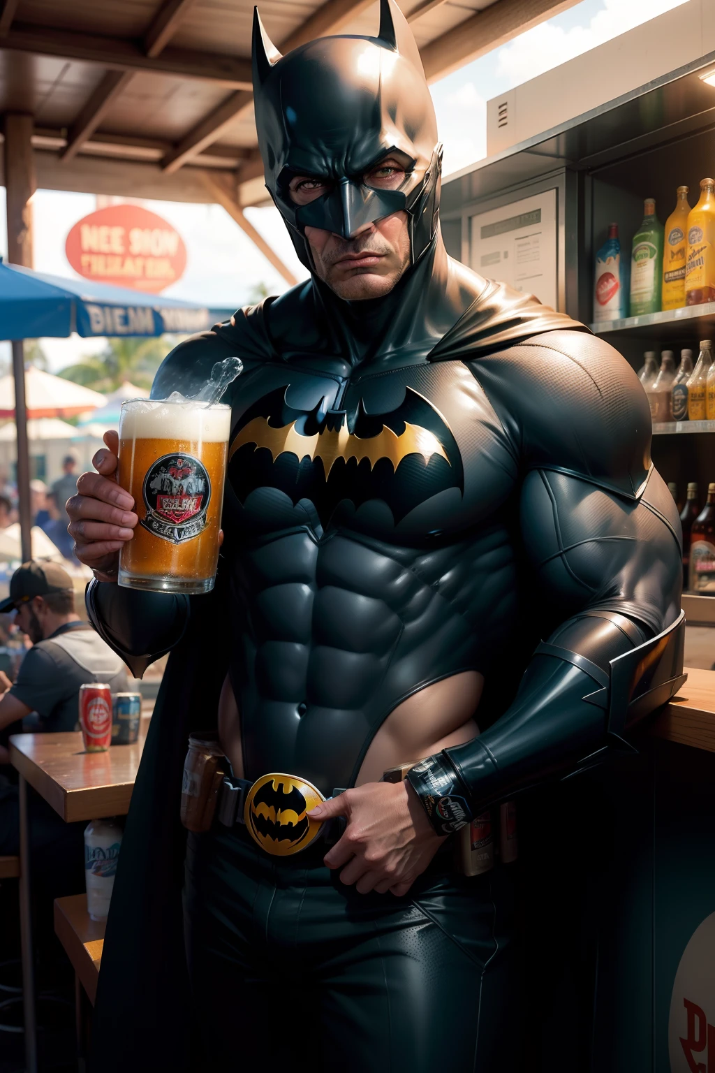 Crie uma uma imagem do Batman bebendo cerveja num bar da savassi de bh.