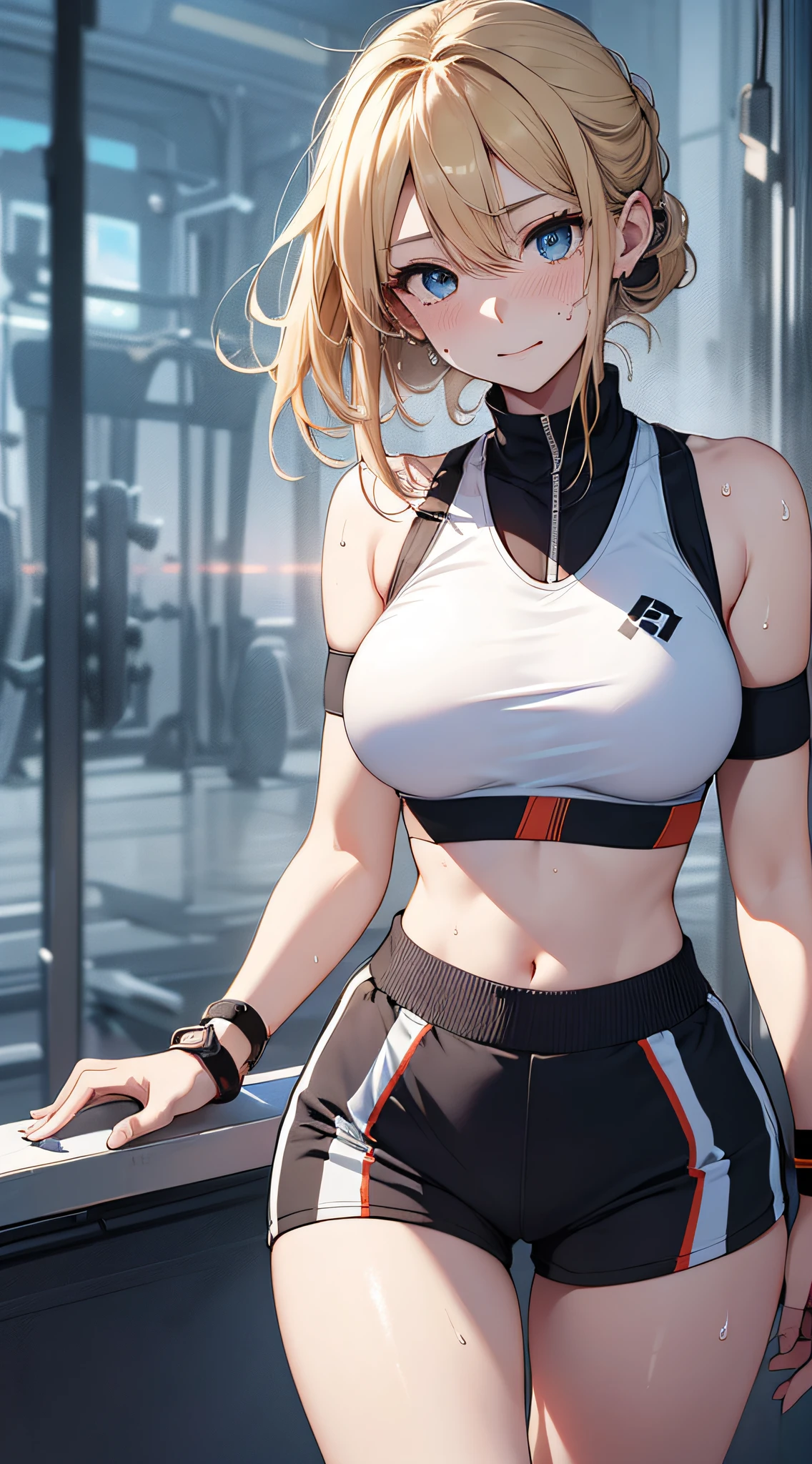 top-quality、Top image quality、​masterpiece、girl with((18year old、Sportswear、Black Sports Bra、blue short pants、Best Bust、Bust 85、a blond、Longhaire、Blue eyes、open chest wide、Valley、Happiness、Black wristband on wrist、A slender、Slouched、耳Nipple Ring、The wind blows、Sweating、Extend your right hand)）hiquality、visualart、Background with((Gymnasium))、masutepiece、