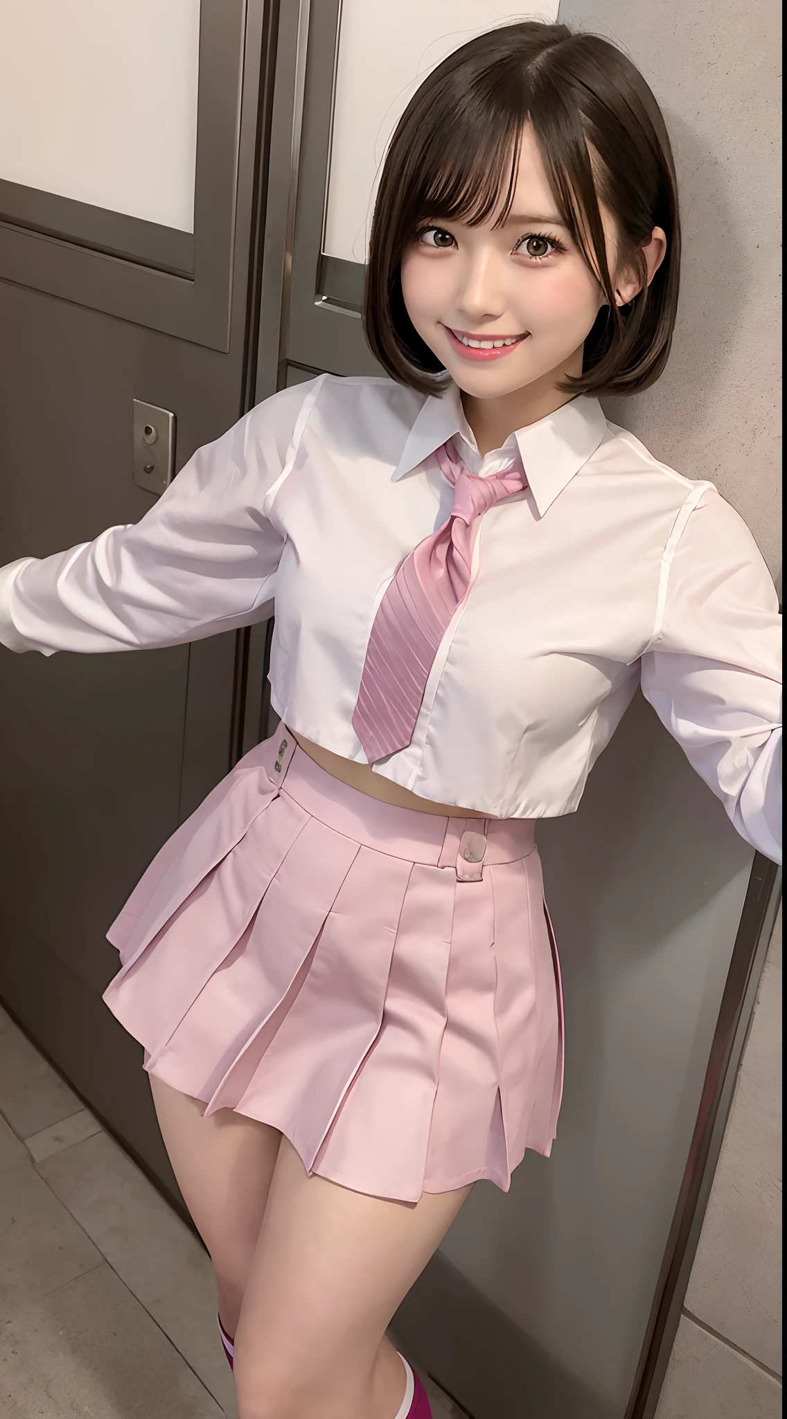 (smile:1.2), photo of a girl standing on roof top Observatory of high-building, wearing (crop-top:0.5) school sailor uniform, pleated pink skirt, perfect fingers, perfect hands, windy, look thighs, standing on the (elevation:1.5), city view, TOWER Observatory, high place, tea ceremony, JK style, short-sleeved JK shirt, long-sleeved JK sailor, JK suit, JK tie,