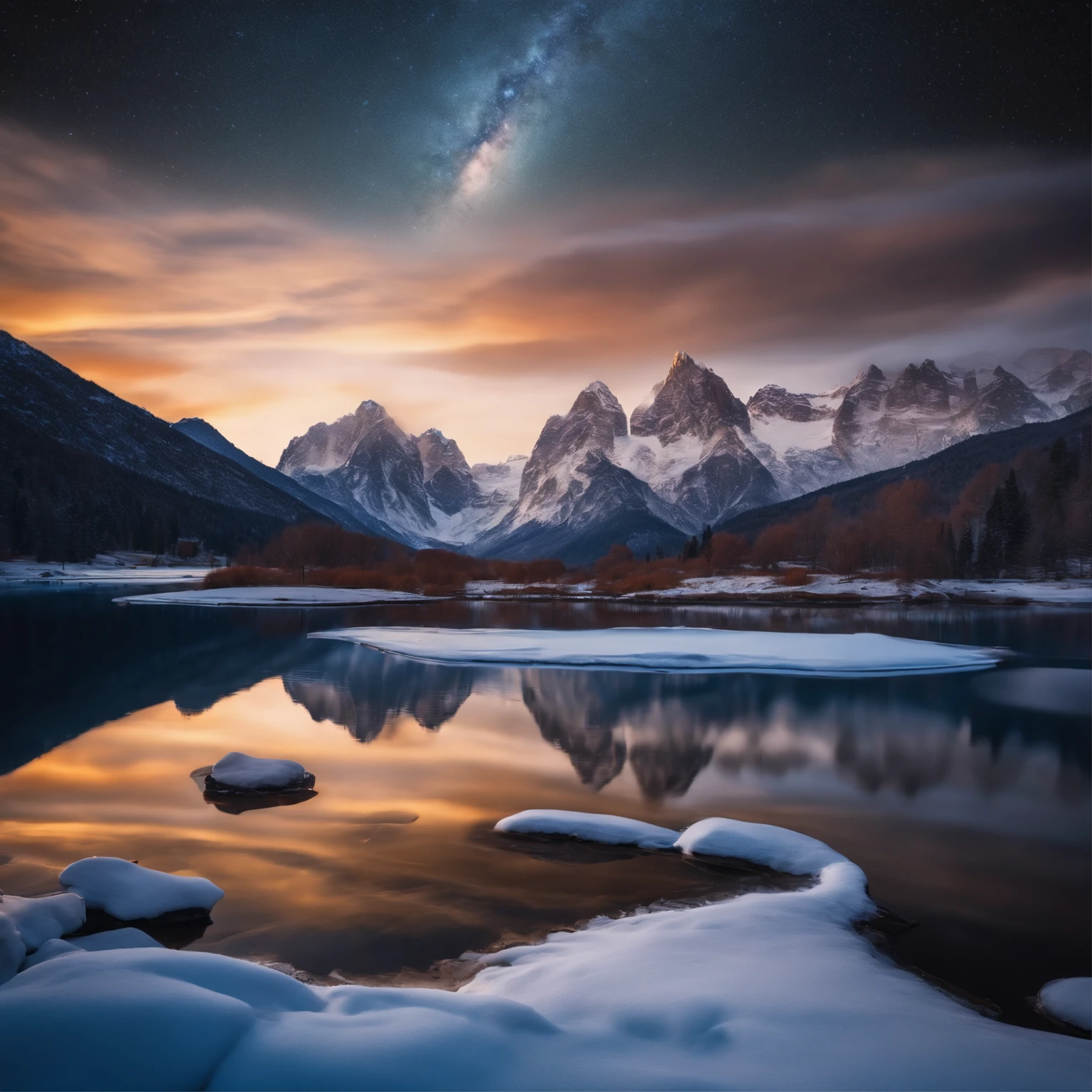Master Parts、Superior Quality、superior image quality、The 8k quality、Beautiful pictures of the starry sky、magnifica、Arched Milky Way:1.9、snow mountains、Blue river