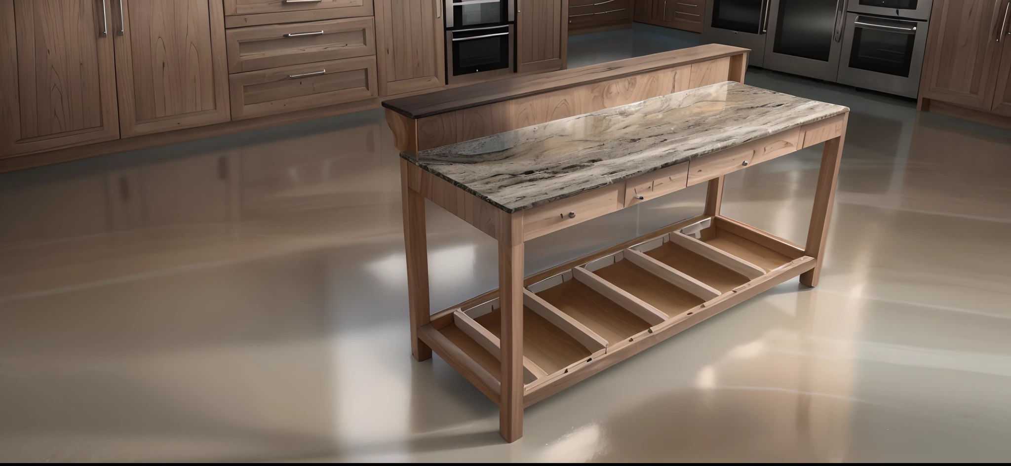 a close-up of a wooden kitchen cabinet with a granite top, a wide establishing shot
