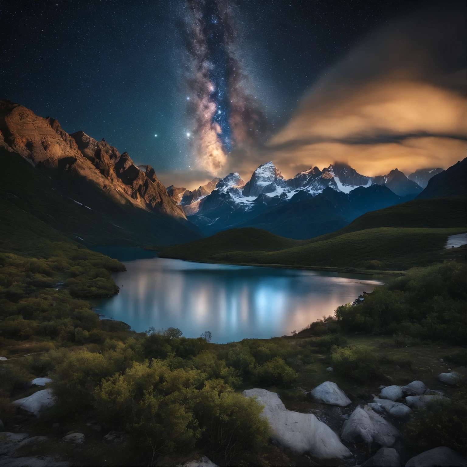 Master Parts、Superior Quality、superior image quality、The 8k quality、Beautiful pictures of the starry sky、magnifica、Arched Milky Way:1.9、snow mountains、Blue river