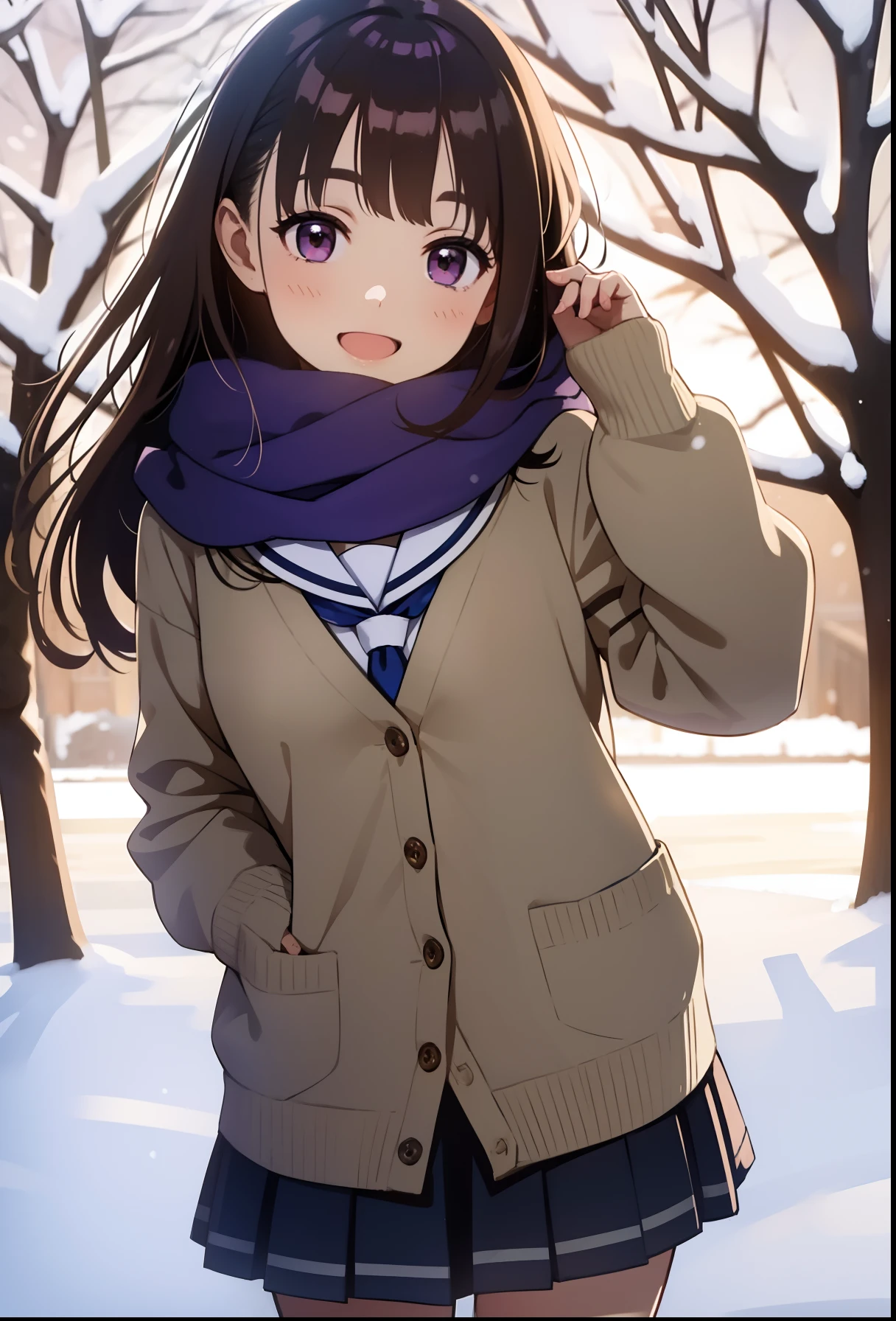 perfect anatomy,raw,8k,high resolution,super detailed skin,beautiful detailed eyes,high detailed,d850,nikkor 58mm / f1.4g,1girl is high school student,Solo,(Yuki_madoka),Purple eyes,Brown hair,(medium fluffy hair),slender body,beautifully skinny legs,Flat painting,(medium breasts),sailor uniform,(cardigan),skirt,winter Scarf,(white breath:1.2),Smile,walking,girlfriend,lovey-dovey,:D,beautiful background,Excursion,December,winter,snow,it's snowing,Looking at Viewer,side_viewer,faint lips,cold winter morning,backlight,going to school,pov_male,(from_below)