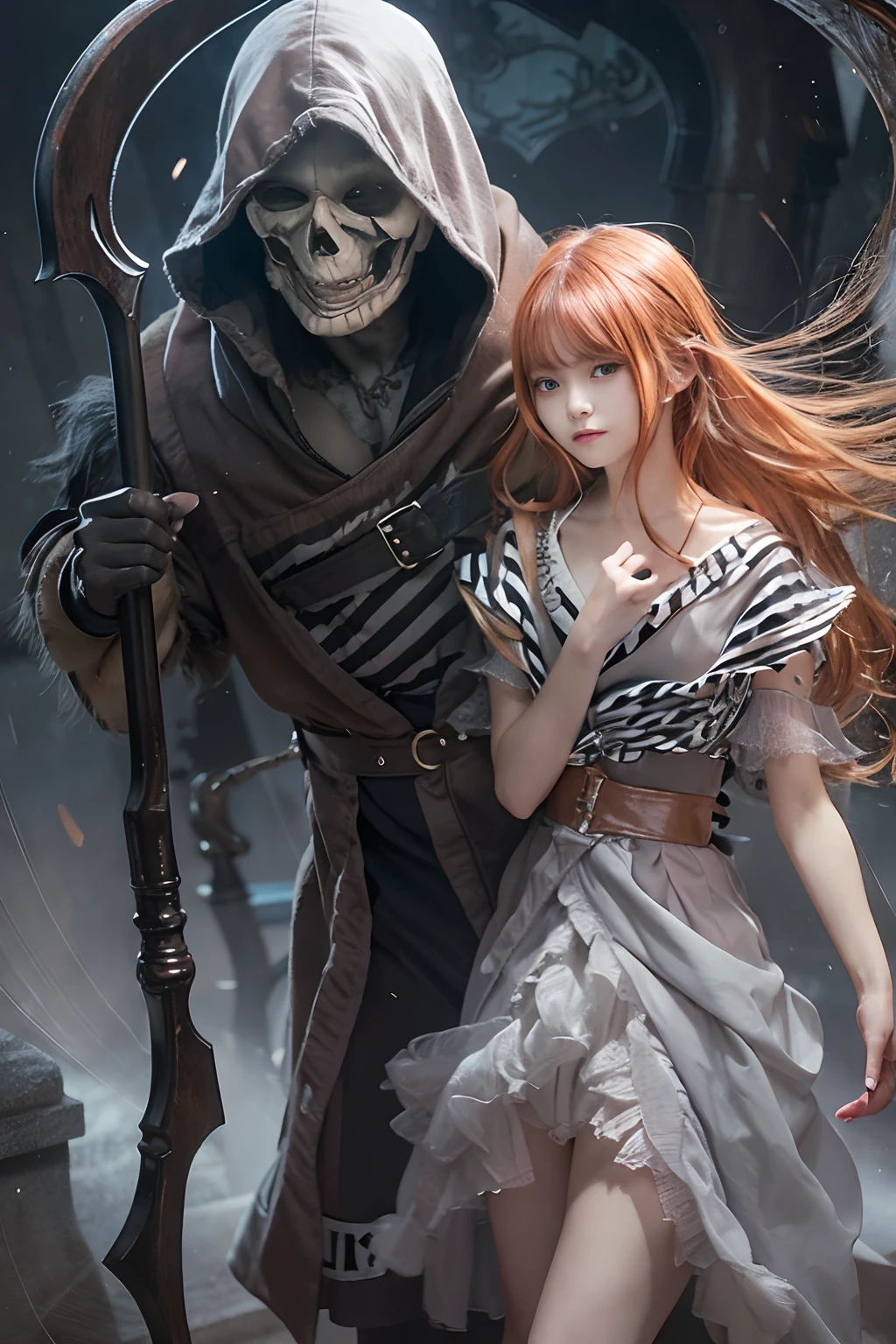 Grim Reaper and Cute Hooded Girl,The Grim Reaper emerges from the swirling shadows.Stand in the Cemetery of Forgotten Souls.(Grim Reaper protecting a girl from behind:1.3,)Wielding a scythe,(Light brown and light orange striped hair:1.3,),Dark makeup,Beautiful breast slip、A smile that makes the viewer happy,Perfect face,Proper body proportion,masutepiece,High-quality output images,超A high resolution,Intricate details,Very delicate and beautiful hair,photographrealistic,Dreamy,Professional Lighting,realistic shadow,Beautiful hands,Beautiful fingers,Detailed finger features,detailed clothes features,Detailed hair features,detailed facial features,Style fighting games,Style RPG
