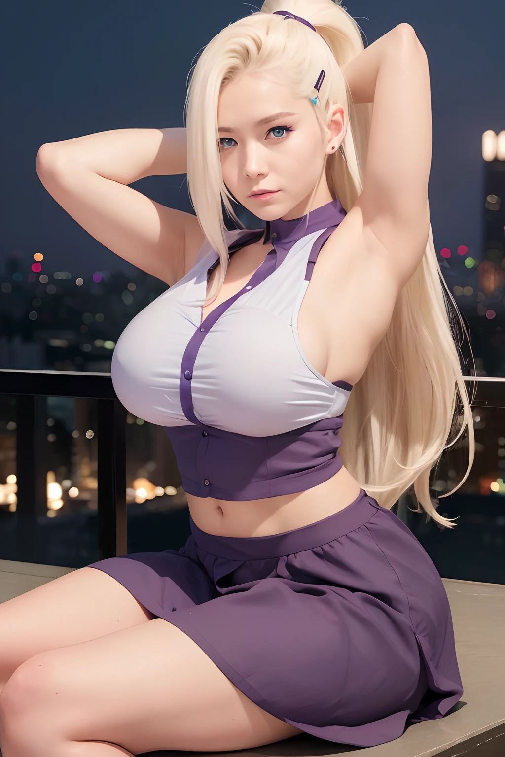 (upper body), 1 woman, Ino Yamanaka, long hair, white hair, blue eyes, eye details, hair clip, white purple shirt, purple skirt, big breasts, realistic, ultra HD, 70mm lens.
