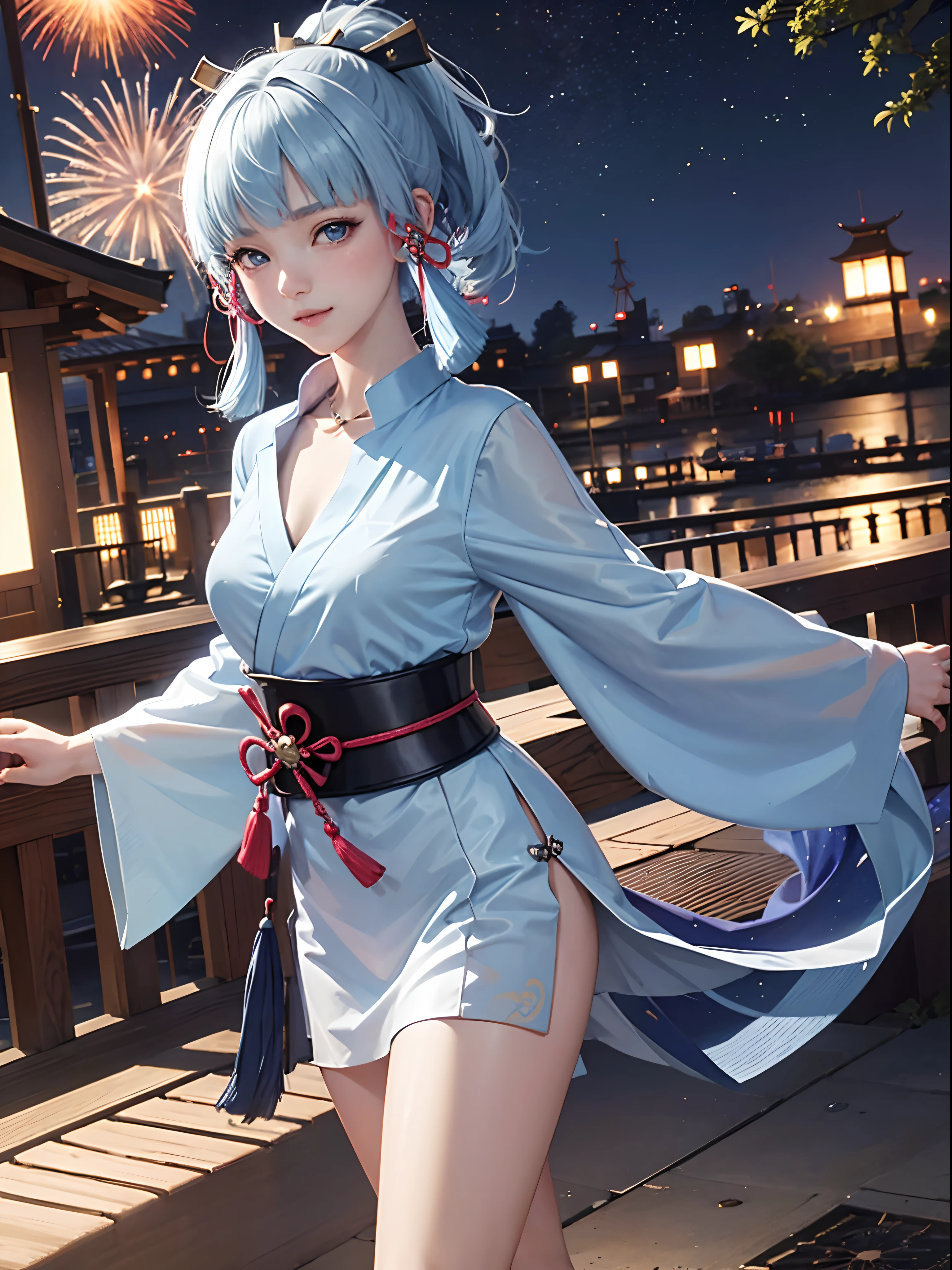Kamisato ayaka(genshin impact), wearing a yukata,((transparent)), extremely detailed, masterpiece,(light blue hair), realistic anime, 4k, hd wallpaper, blue eyes, smiling, standing, stalls, night sky fireworks, 19 year old girl