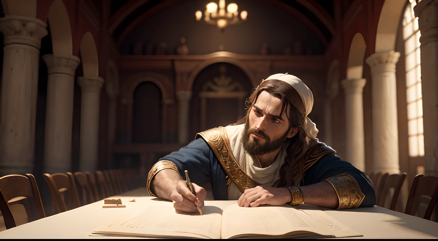 Apostle Paul in the synagogue, 5th century AD, ultra realistic image, 4k, cinematic, rich in details