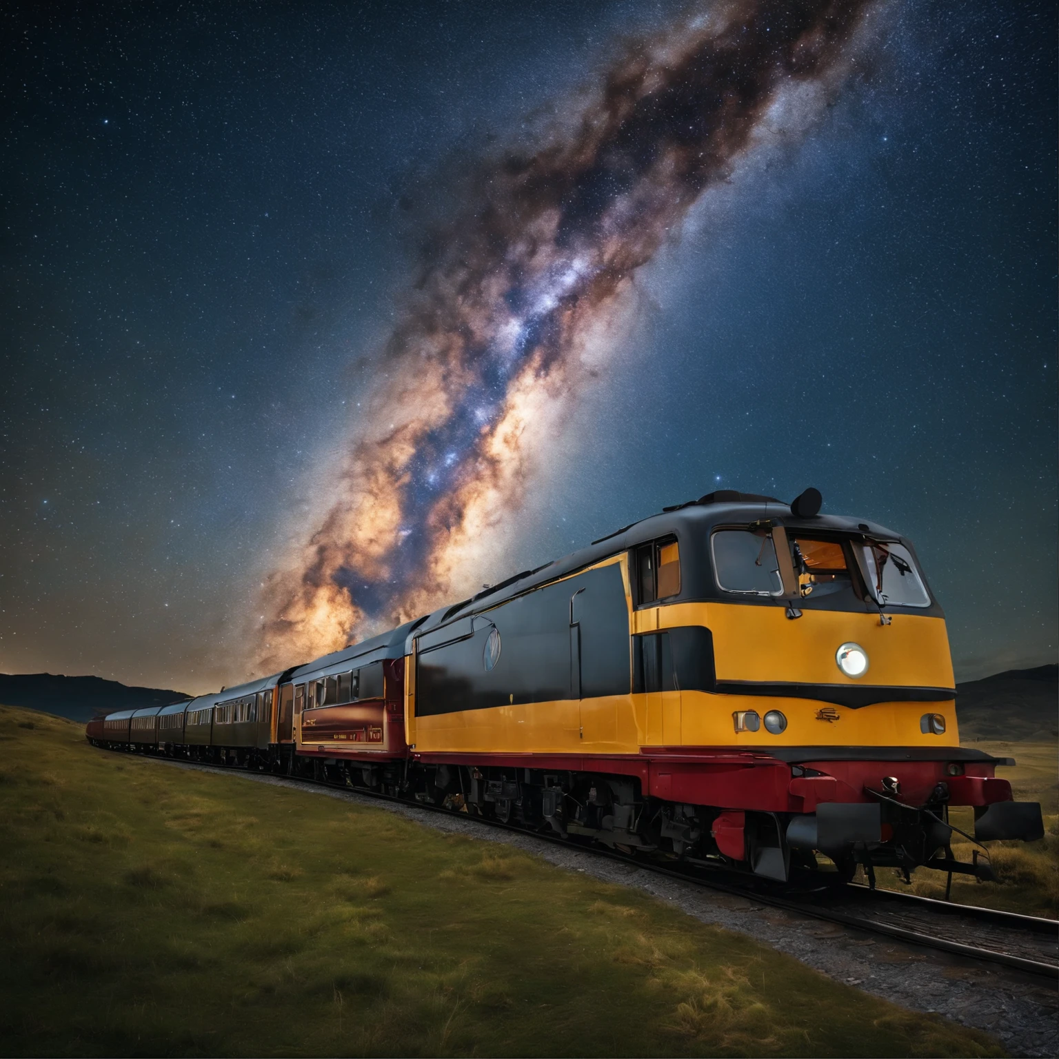 Master Parts、Superior Quality、superior image quality、The 8k quality、Beautiful pictures of the starry sky、magnifica、Arched Milky Way:1.9、steam train