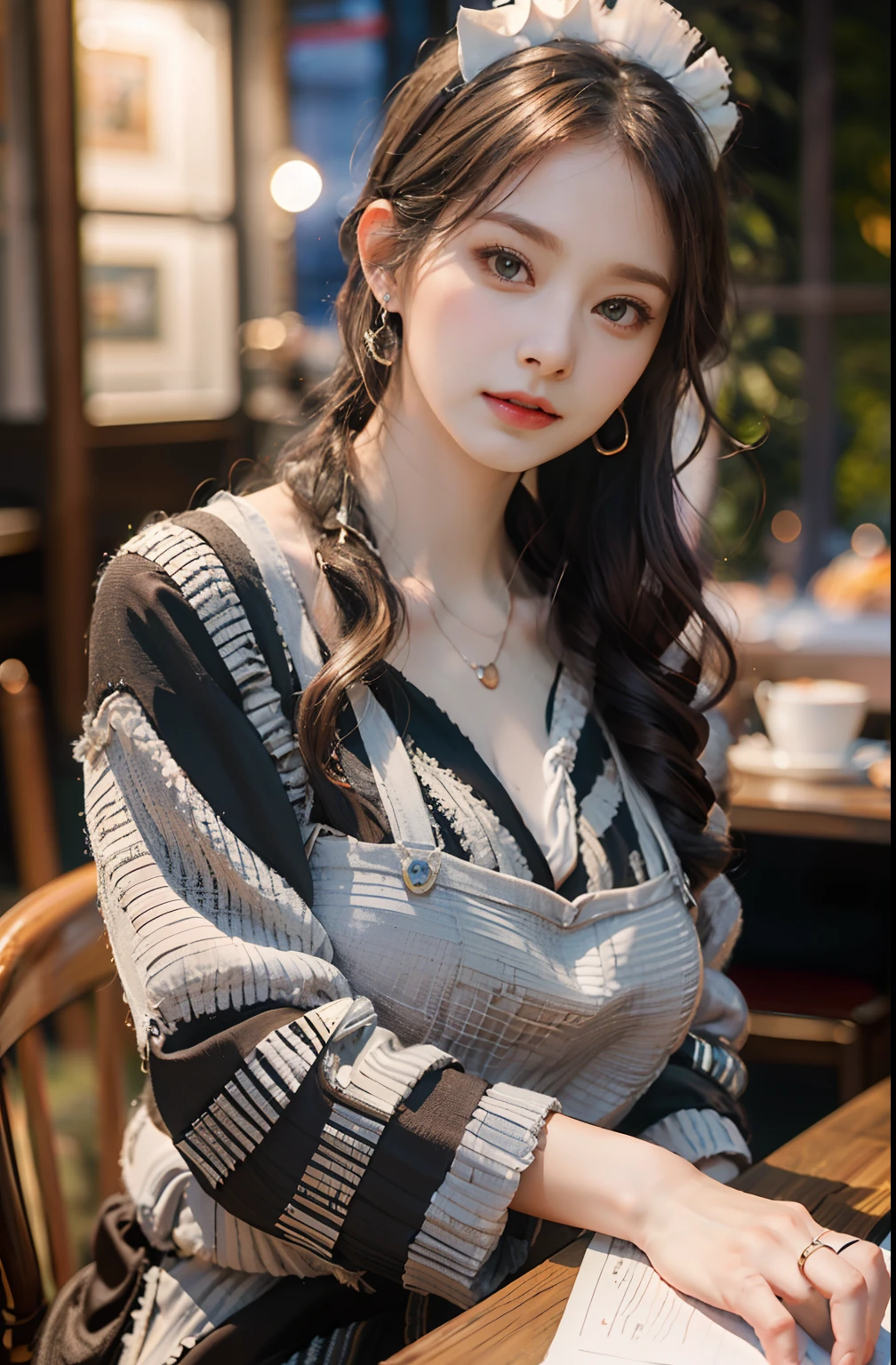 (8K, Raw photography, top-quality, masterpiece: 1.2), masterpiece, Super Detail, 超A high resolution, (Realistic and realistic photos: 1.37), high-definition RAW color photography, extremely delicate and beautiful, ighly detailed, 8K Wallpaper, astonishing, detaileds, extremely detailed eye, highlydetailed skin, extremely detailed fingers, highly detailed nose, highly detail mouth, perfect anatomia,1girl in, Apron, Black Dress, Blurry, Blurry background, Blurred foreground, blush, braid, breasts, depth of fields, Dress, eyebrows visible through hair, frilld, gloves, hair between eye, Indoors, Jewelry, juliet sleeves, Long sleeves, Looking at Viewer, maid, maid apronl, Maid headdress, Puffy sleeves, Short hair, Sitting, Solo, White Apron, window, Huge boobs、hposing Gravure Idol、女優、25-years old、tall、cafes、resturant、Italy、Americans、Australia