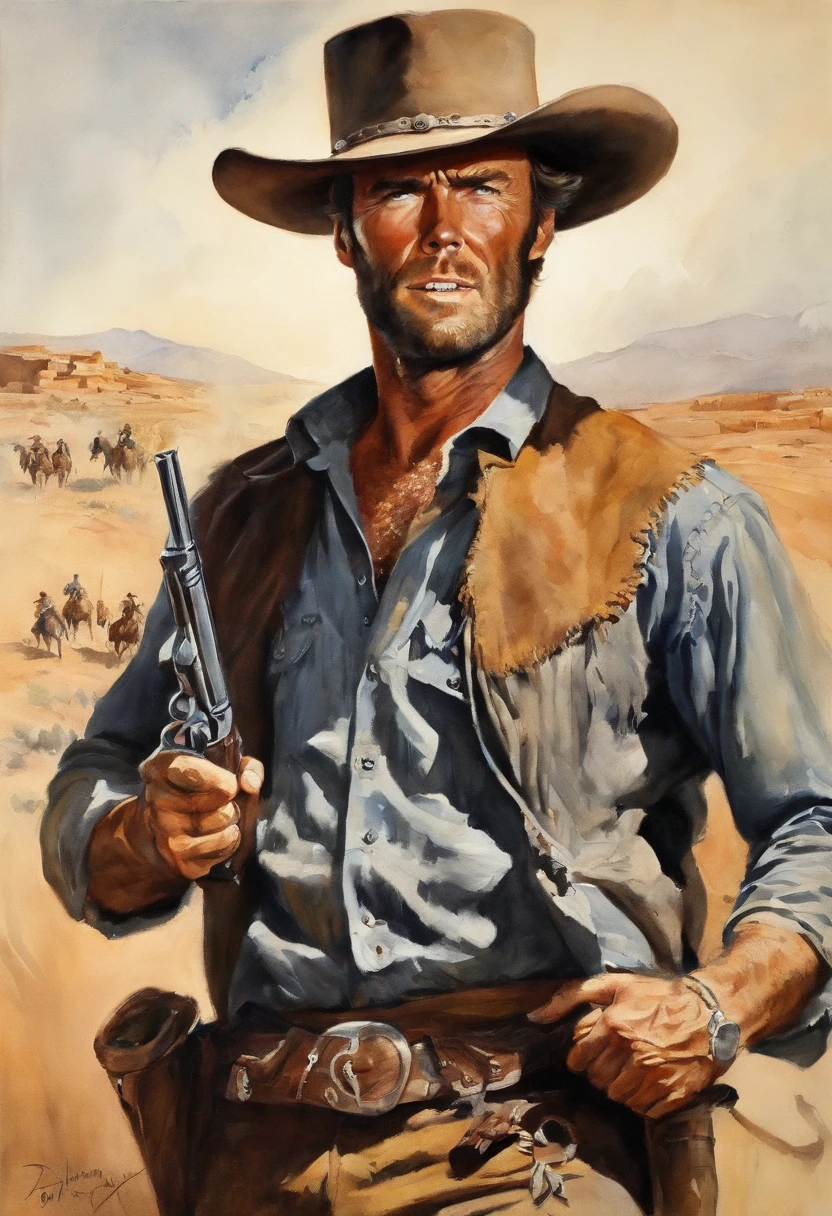 A cowboy  (Young Clint Eastwood) (good the bad and the ugly) holding a gun in her hand, ((Angry 1.4)), Riding a running horse, Screaming, Action, The dark side, Mystery , Dark background, pastels, author：Harry Bush, James Montgomery Flagg and Louise Van Barr、Jim French and Roslav, Detailed and realistic eyes, Big barefoot, The crotch is large and raised, Very handsome, Beautiful